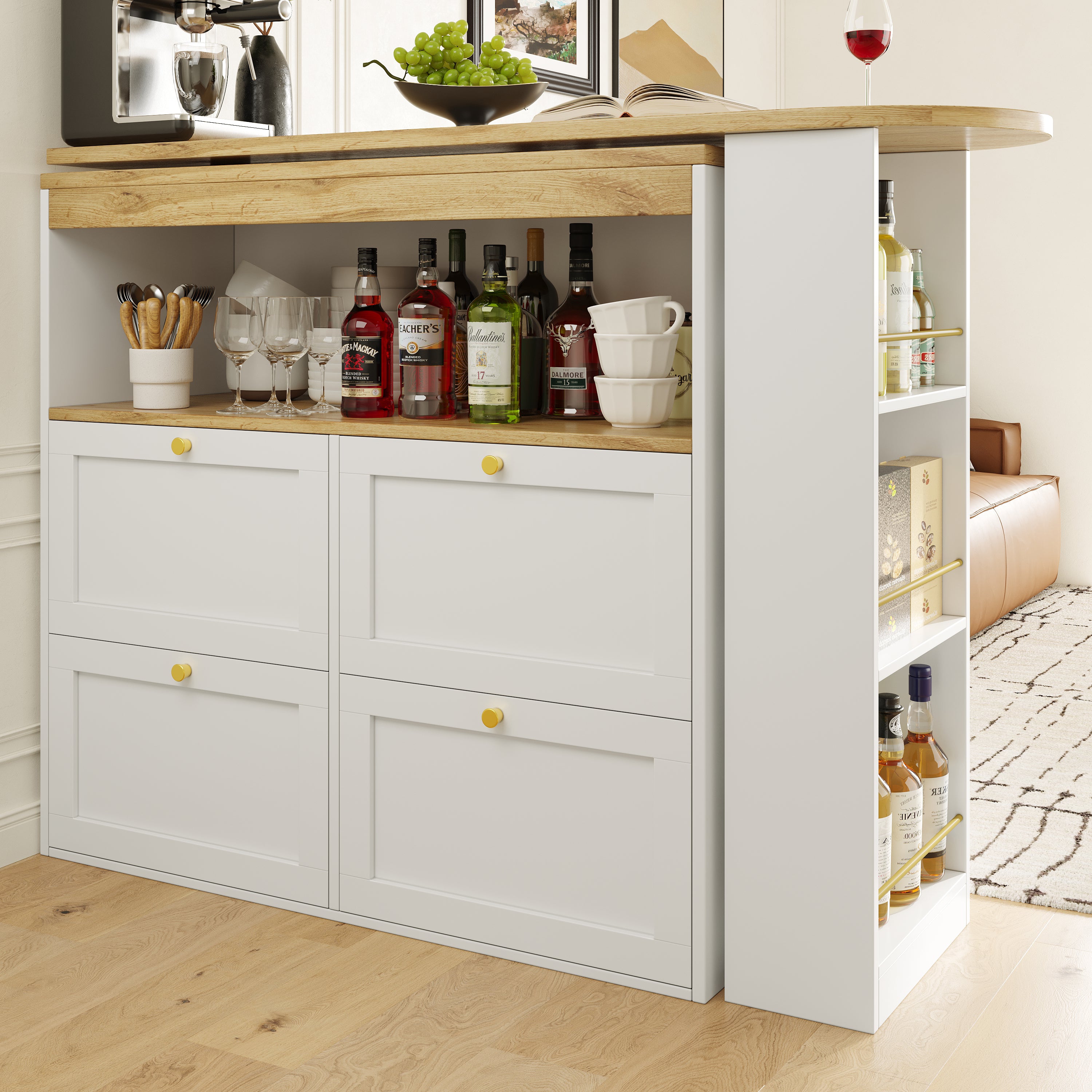 Rotating Standing Table 360° with 4 Drawers & Open Shelves - White