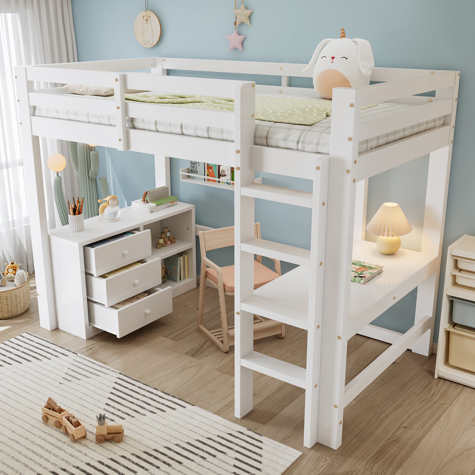 Children's Loft Bed Desk Storage Ladder, White Pine + MDF