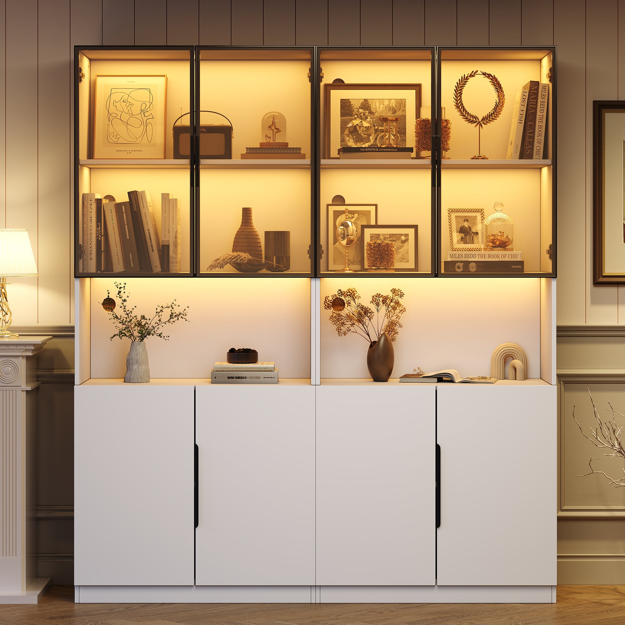 Modern Minimalist Display Cabinet, Glass Doors LED Lights Bookshelf for Collectibles, White