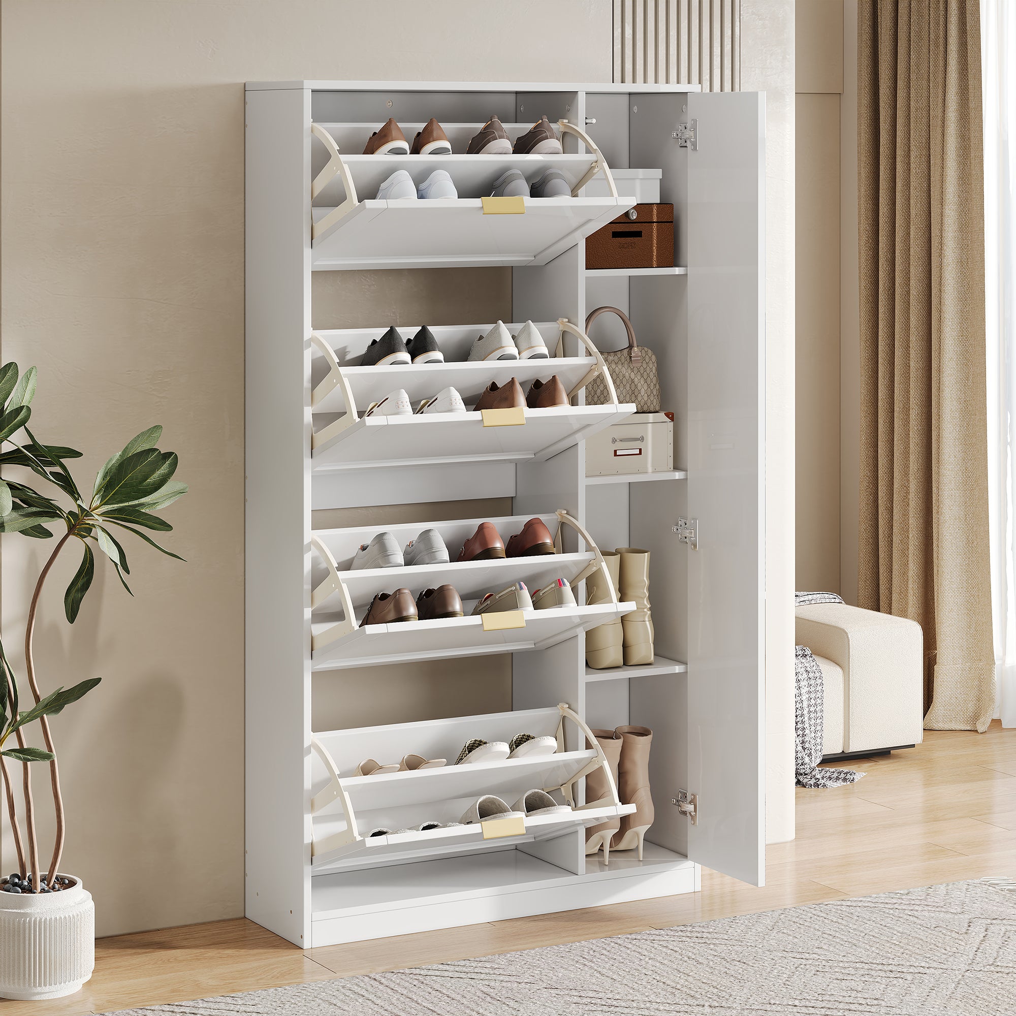 Modern Shoe Cabinet with Mirror, 4 Fold-Down Compartments, Adjustable Shelf, White