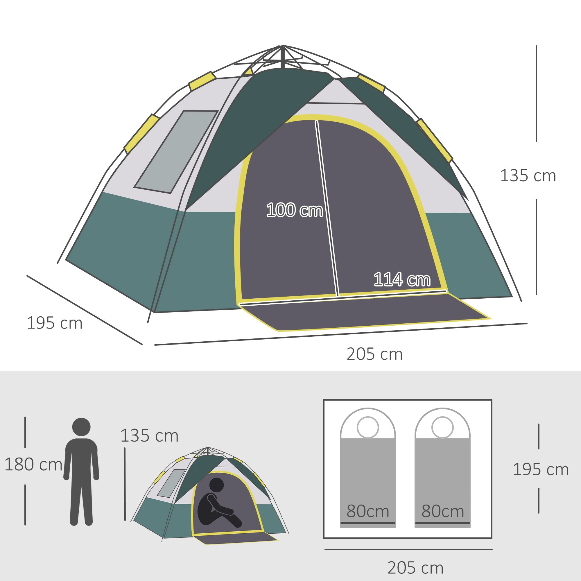 Dome Tent 3-Person 205x195x135cm Polyester, Green