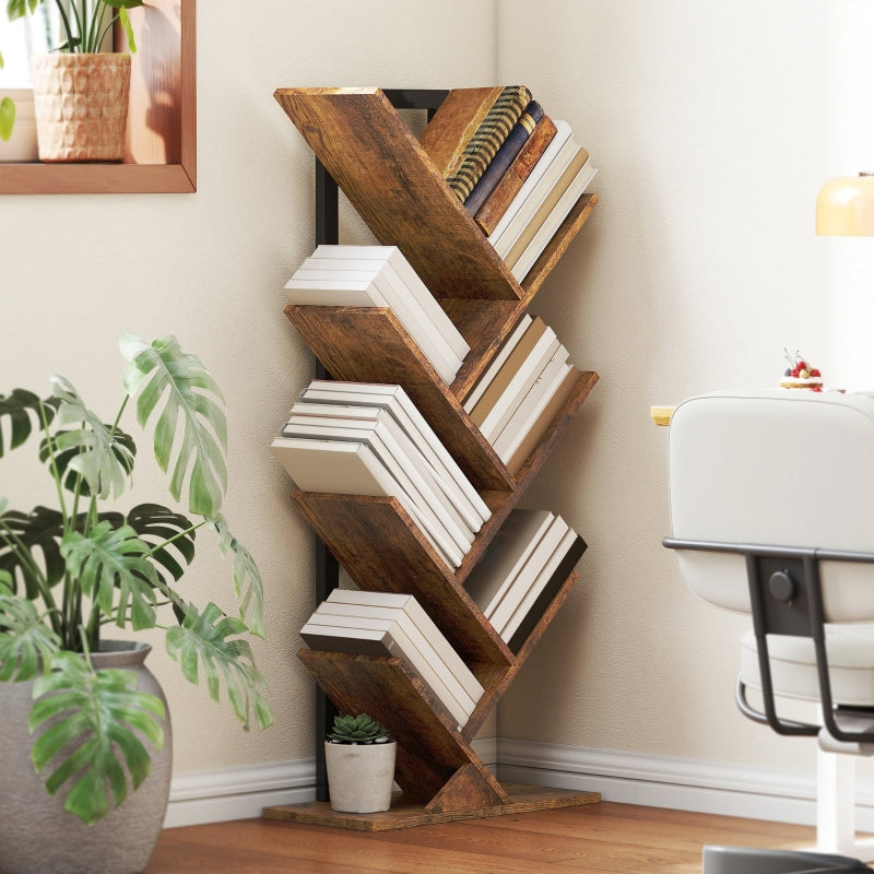 Tree Bookcase, Six-Section Storage Display, Wood-Effect