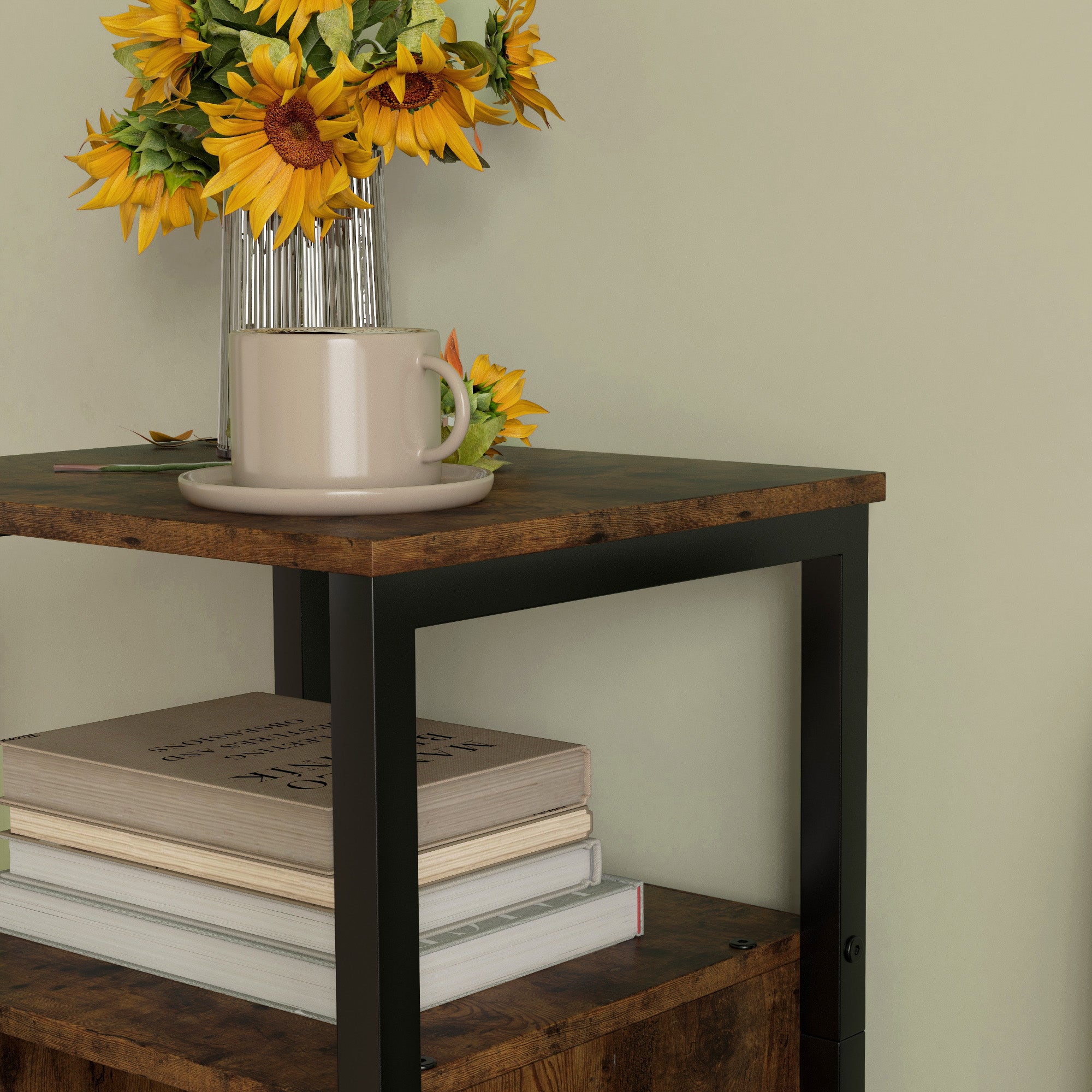 Side table, coffee table with adjustable shelf, industrial design, rustic brown