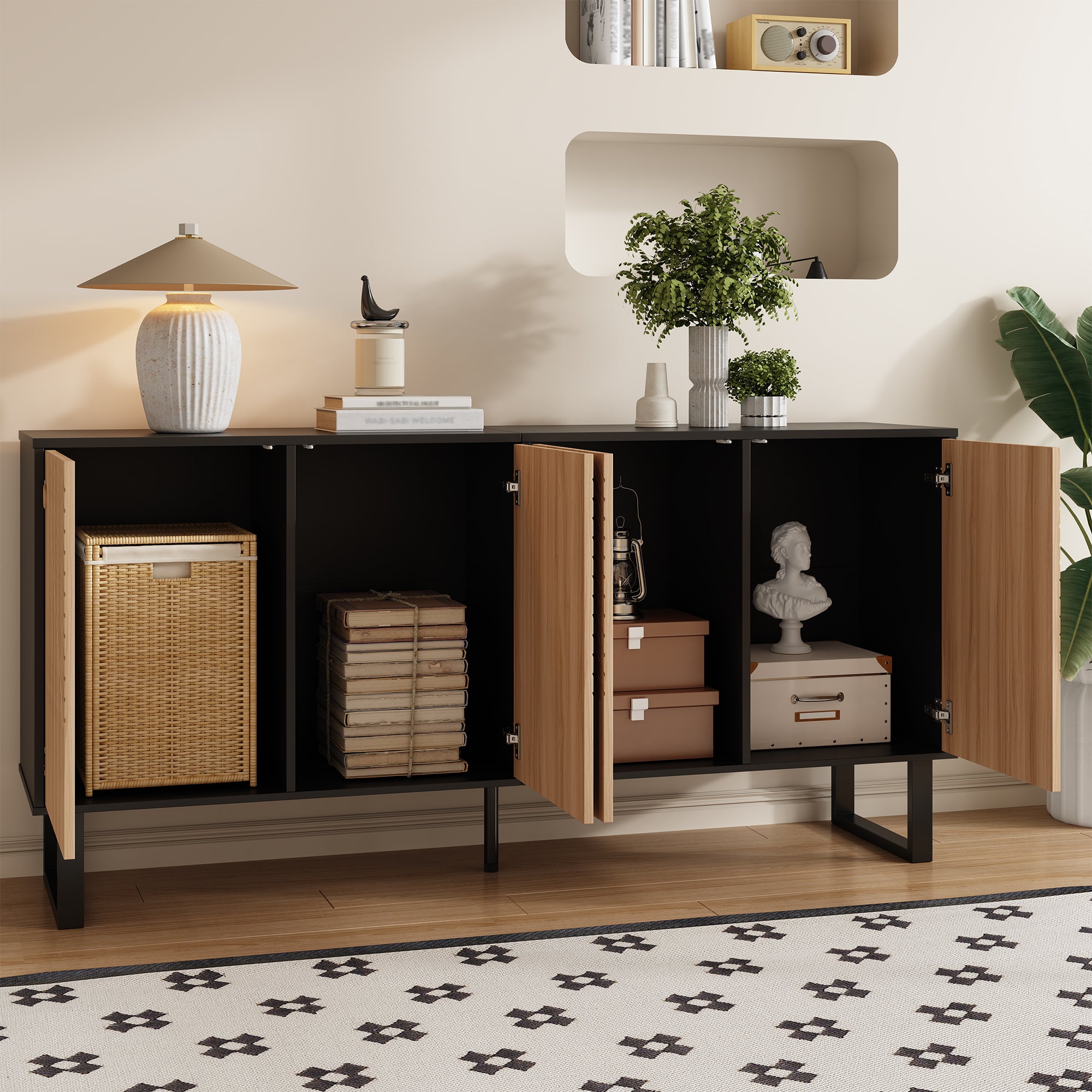 Sideboard, Minimalist with 3D Striped Front and Extra Large Storage, Black Wood Grain