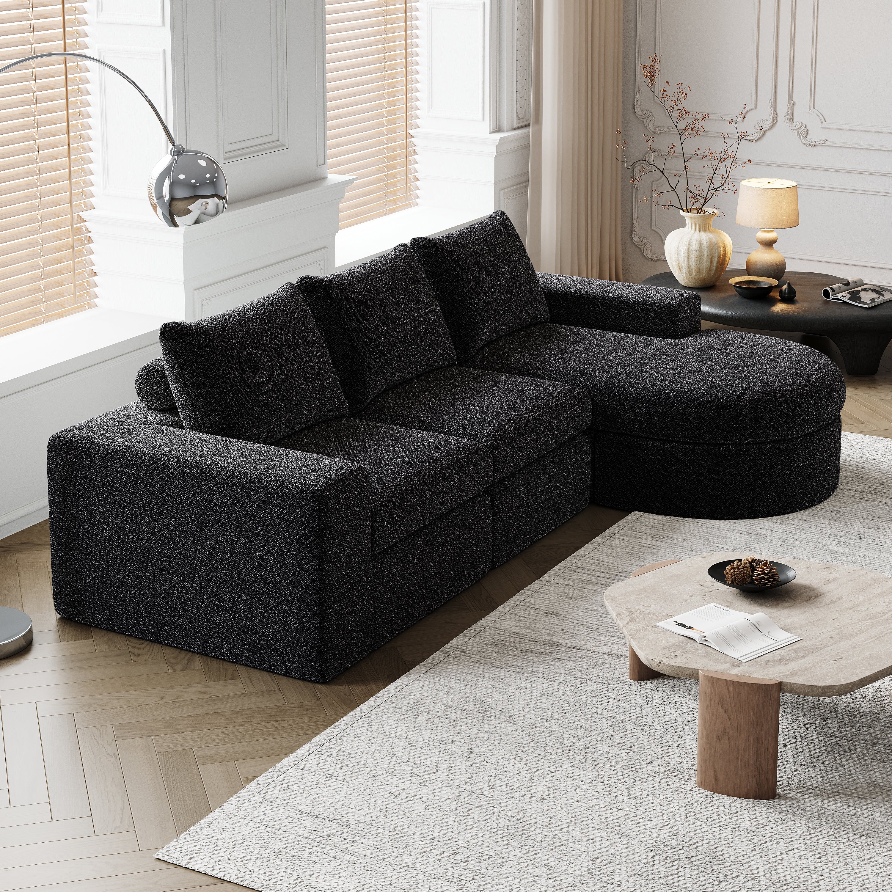 Chenille Sofa, Curved Modular L-Lounger, Foam Compression