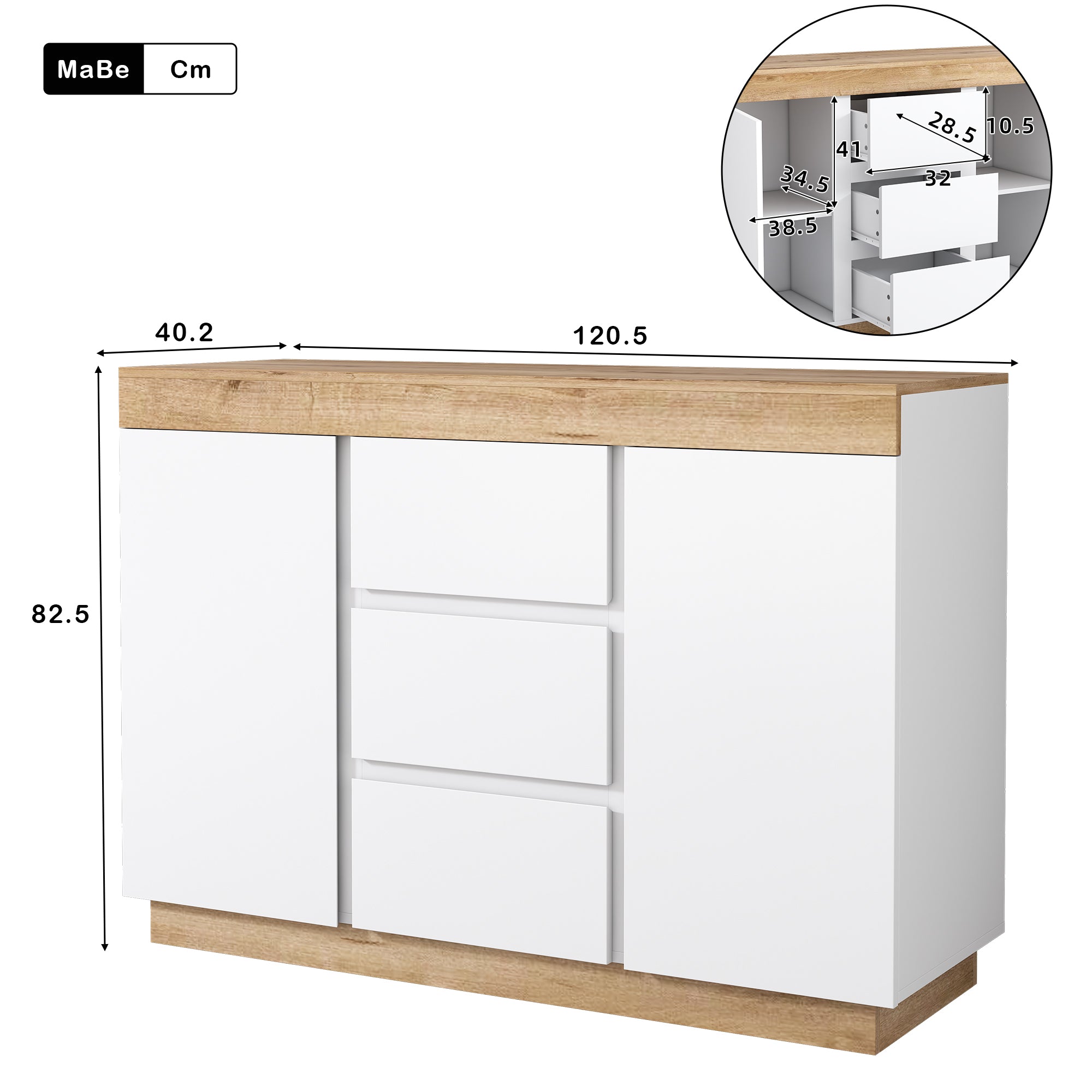 Chest of Drawers 3 Drawers 2 Doors Lockable Storage - White/Oak Chipboard