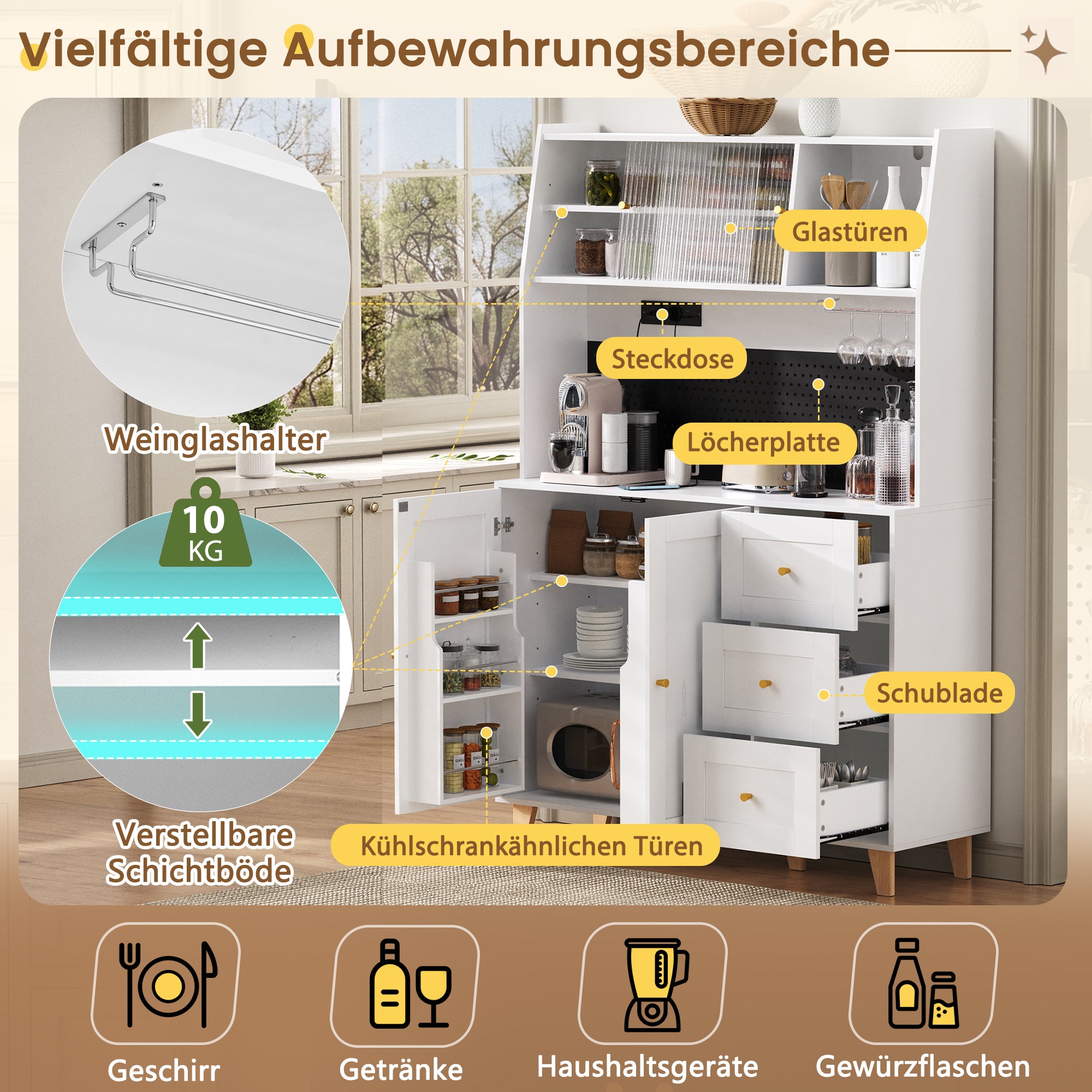 Tall Cabinet Pegboard Wine Glass Holders Sockets Storage Drawers - White
