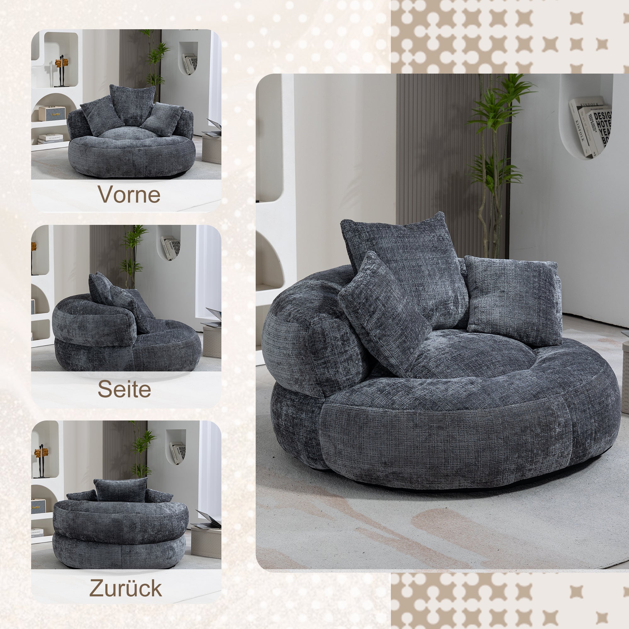 Lazy Sofa High Back Beanbag Chair Couch, Durable Comfort Indoor/Outdoor, Gray Chenille