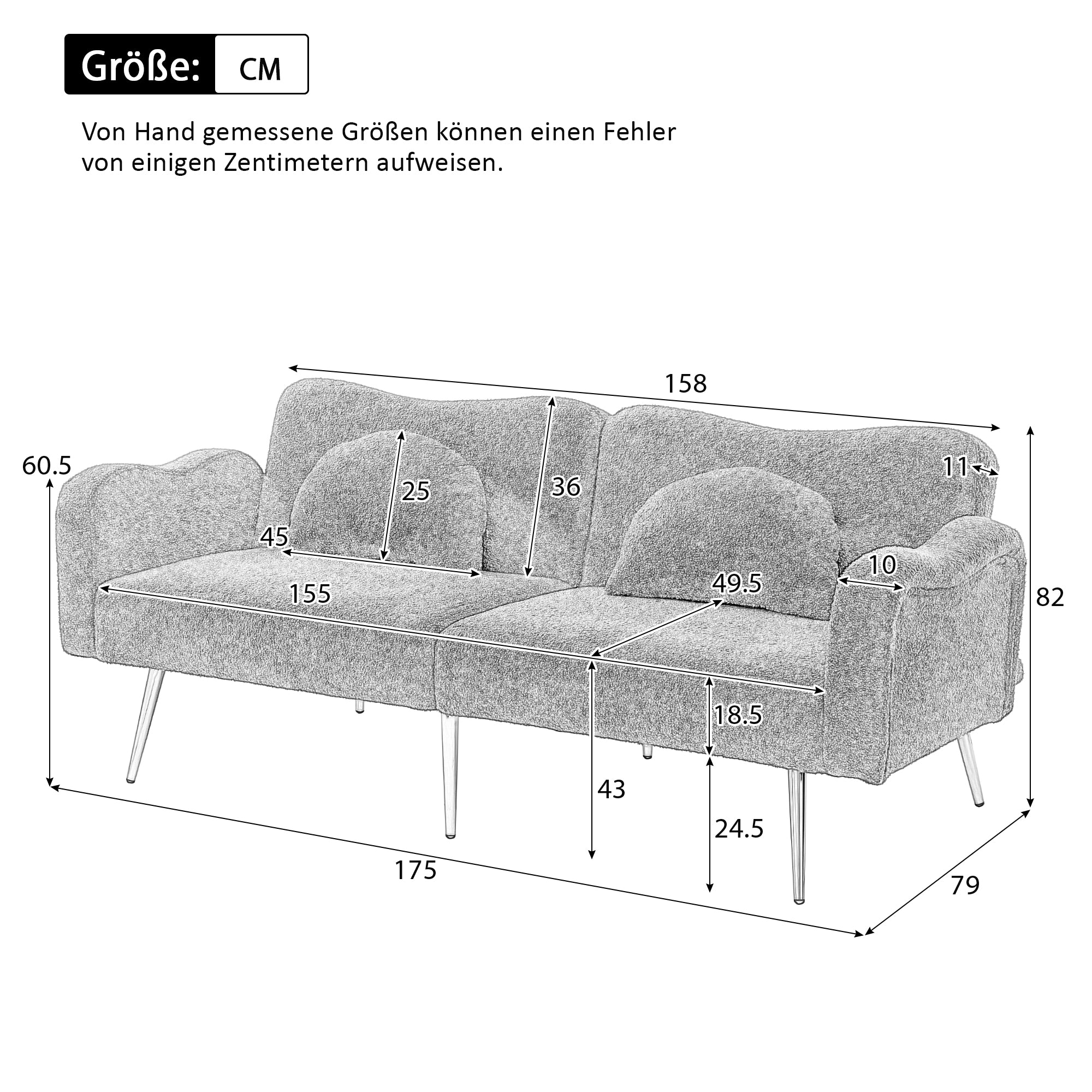 Sofa Bed, 2-Seater with Adjustable Backrest, Gold-Plated Metal Feet