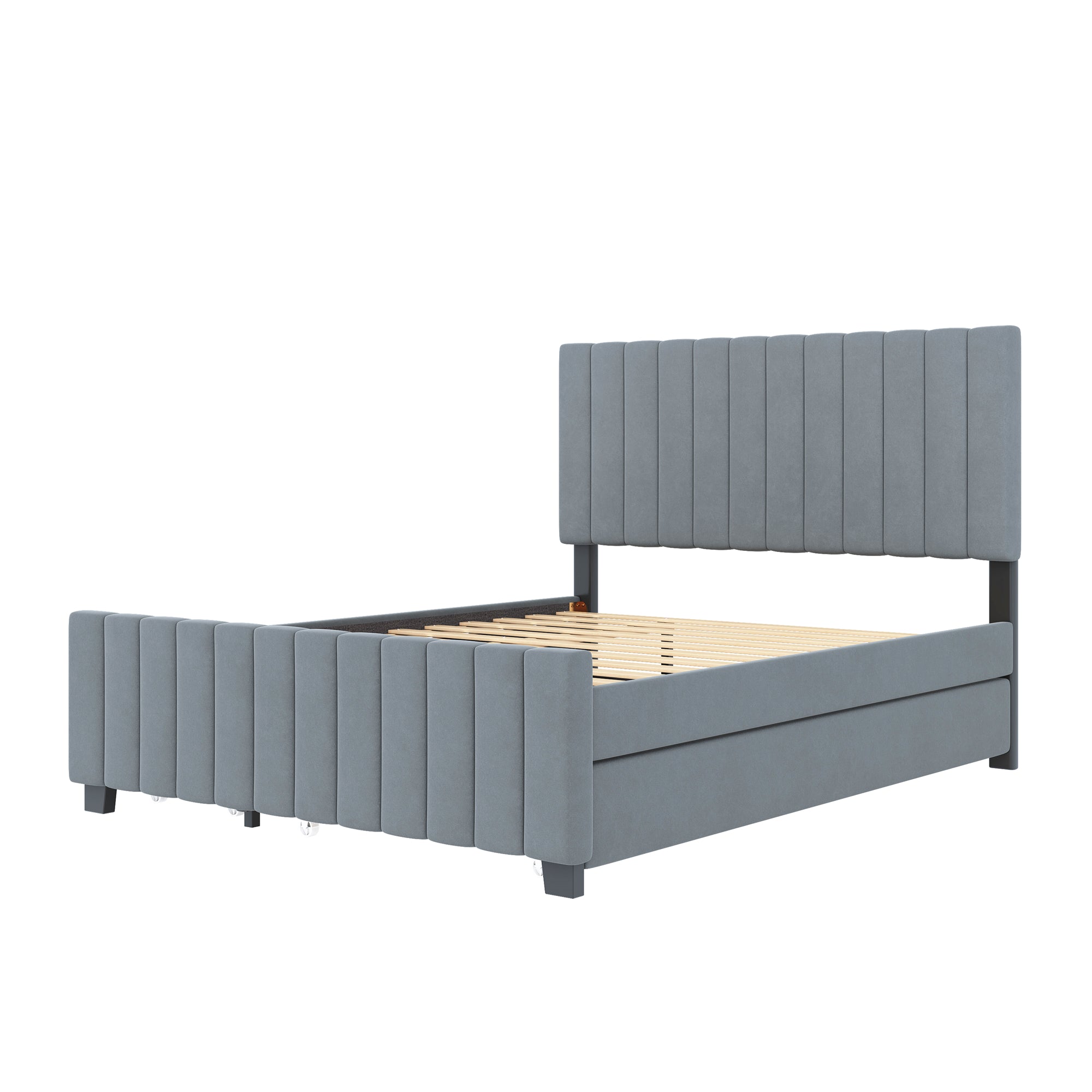 Upholstered Bed 140x190cm, Pull-Out & 2 Drawers, Velvet, Gray