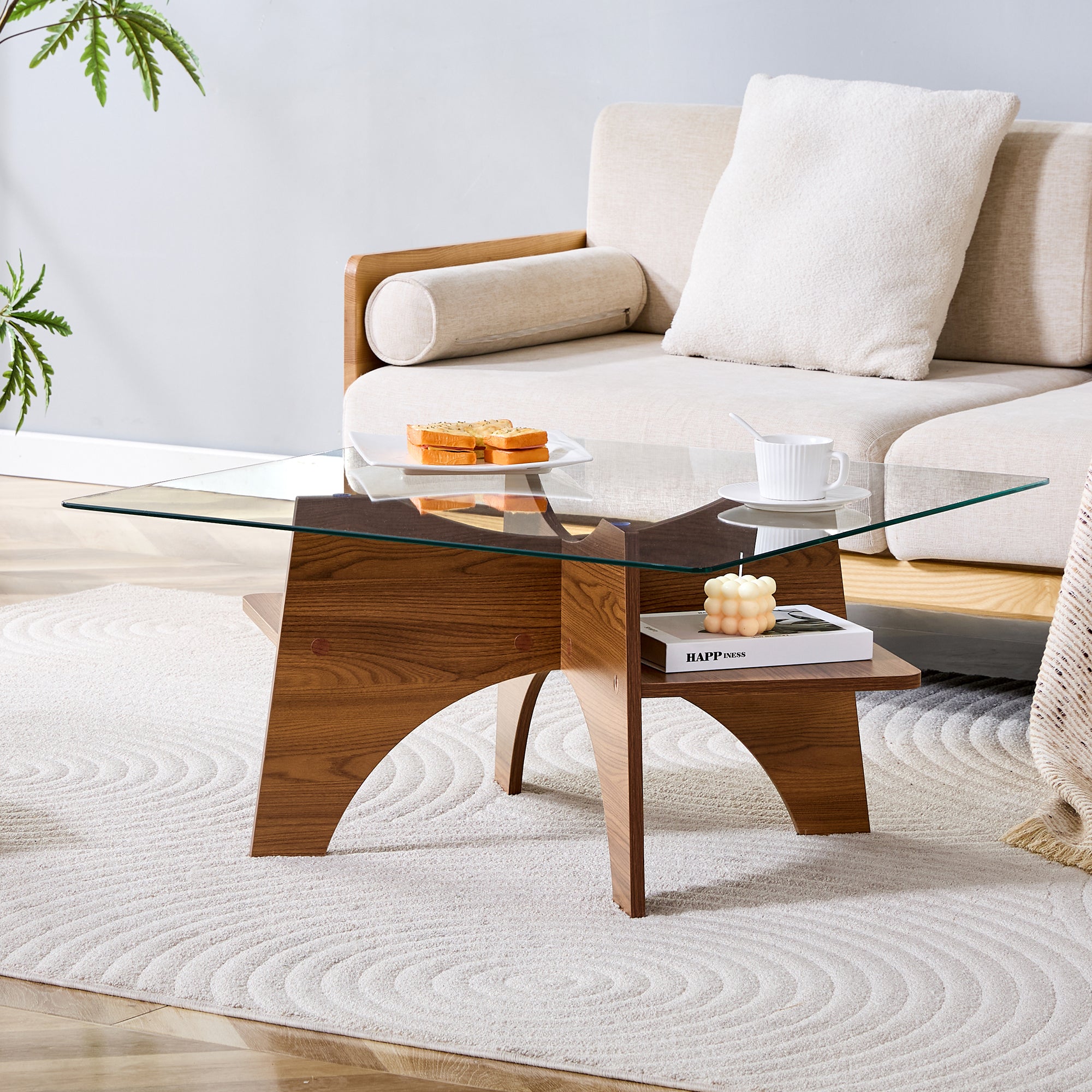 Square Side Table 80cm Tempered Glass MDF Legs - Walnut Finish