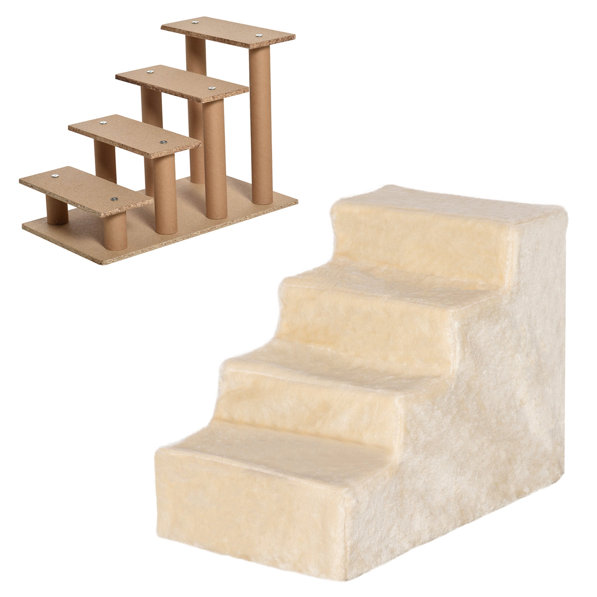 Pet Stairs 4-Step Ramp, Removable Cover, Chipboard Plush Beige