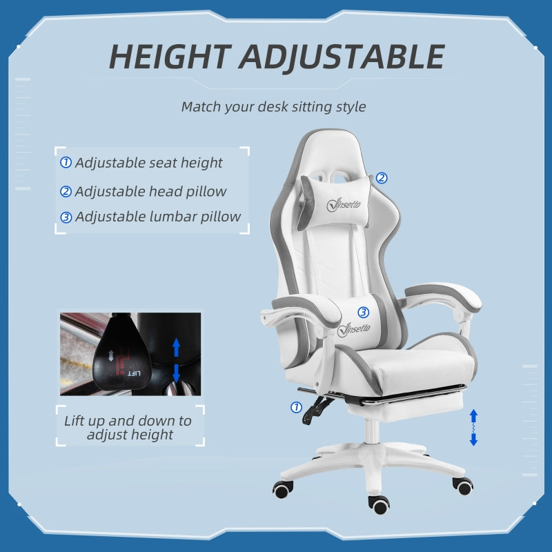 Computer Gaming Chair, 135° Reclining Back Footrest Lumbar Support, White and Grey PU Leather