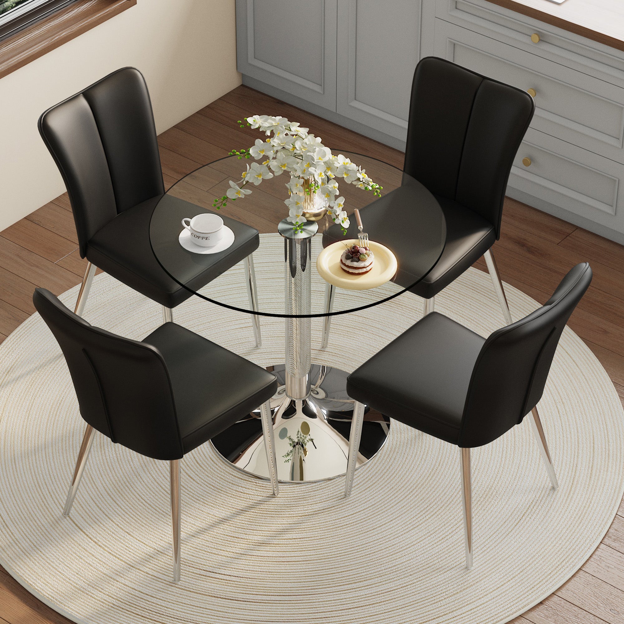 Dining Table Set, 85cm Tempered Glass Table with 4 Chairs, Black PU