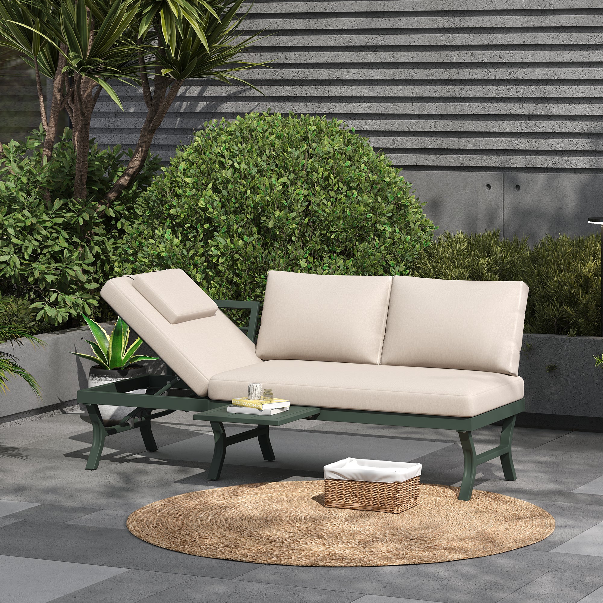 3-Seater Outdoor Sofa Garden Furniture Set with Adjustable Reclining Function and Table, Green Galvanized Steel Tube