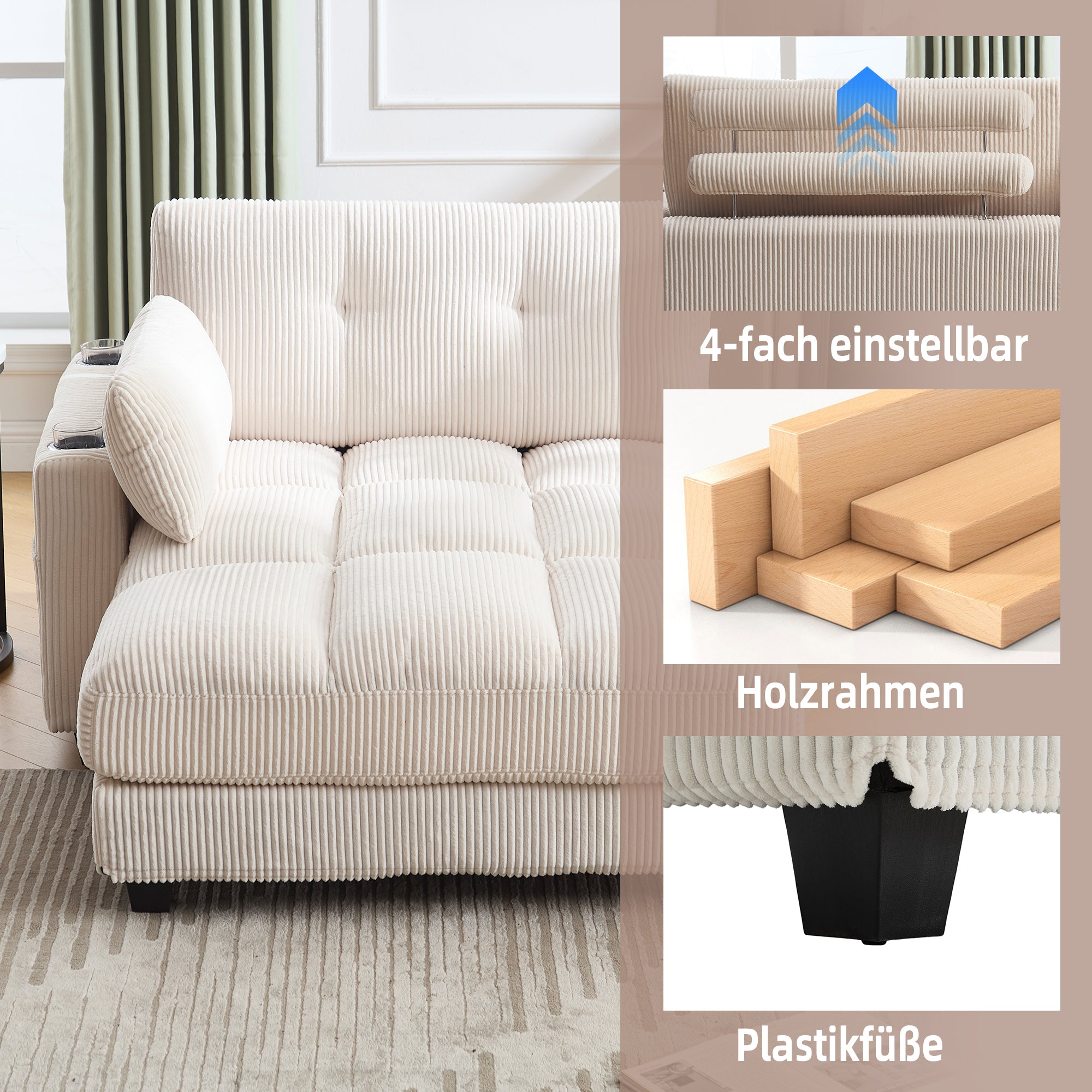 Palm Chair, Fluffy Striped Upholstery with Rolling Cushions & Side Pocket, Beige