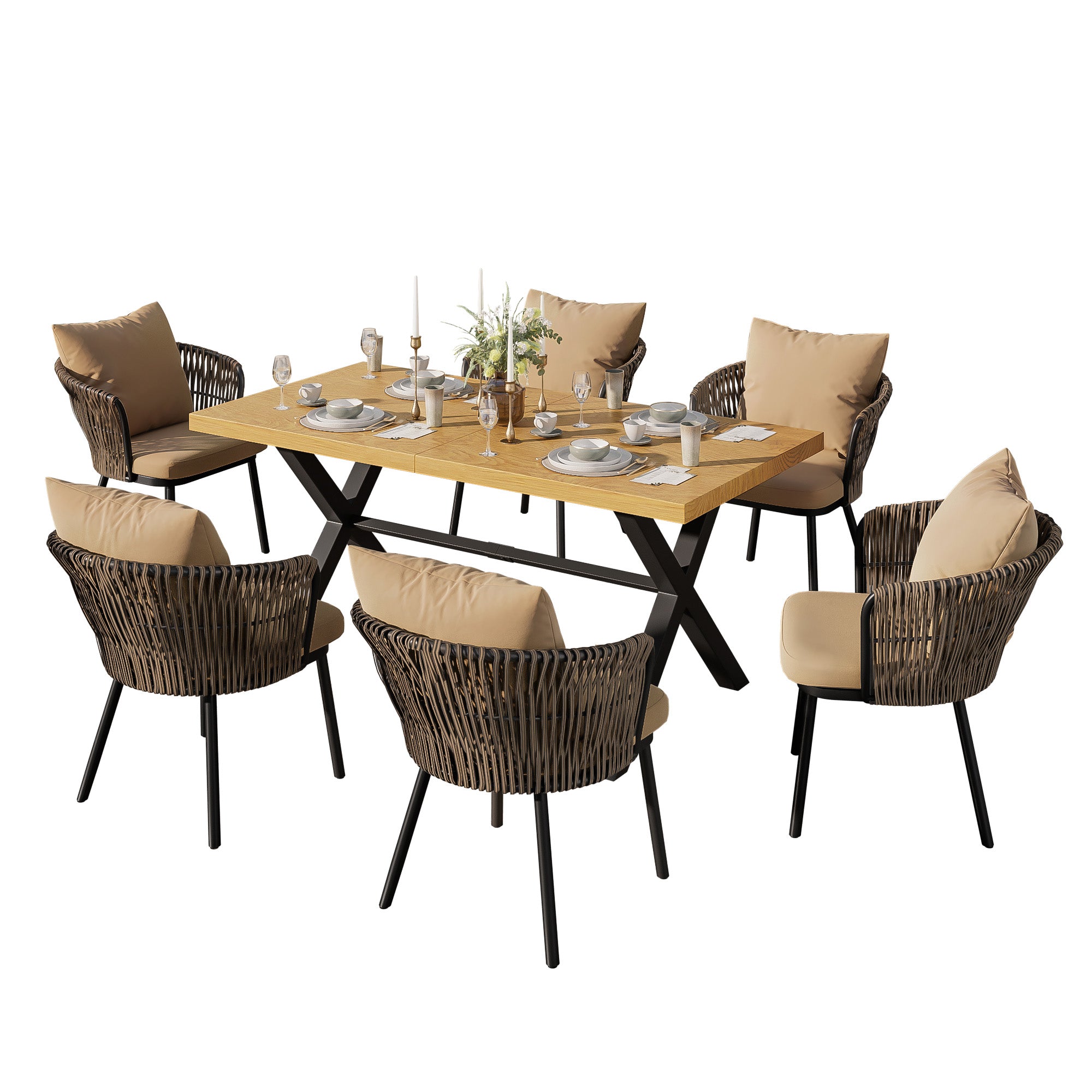 Modern Outdoor Dining Set with Seat Cushions, Rattan and Iron Frame