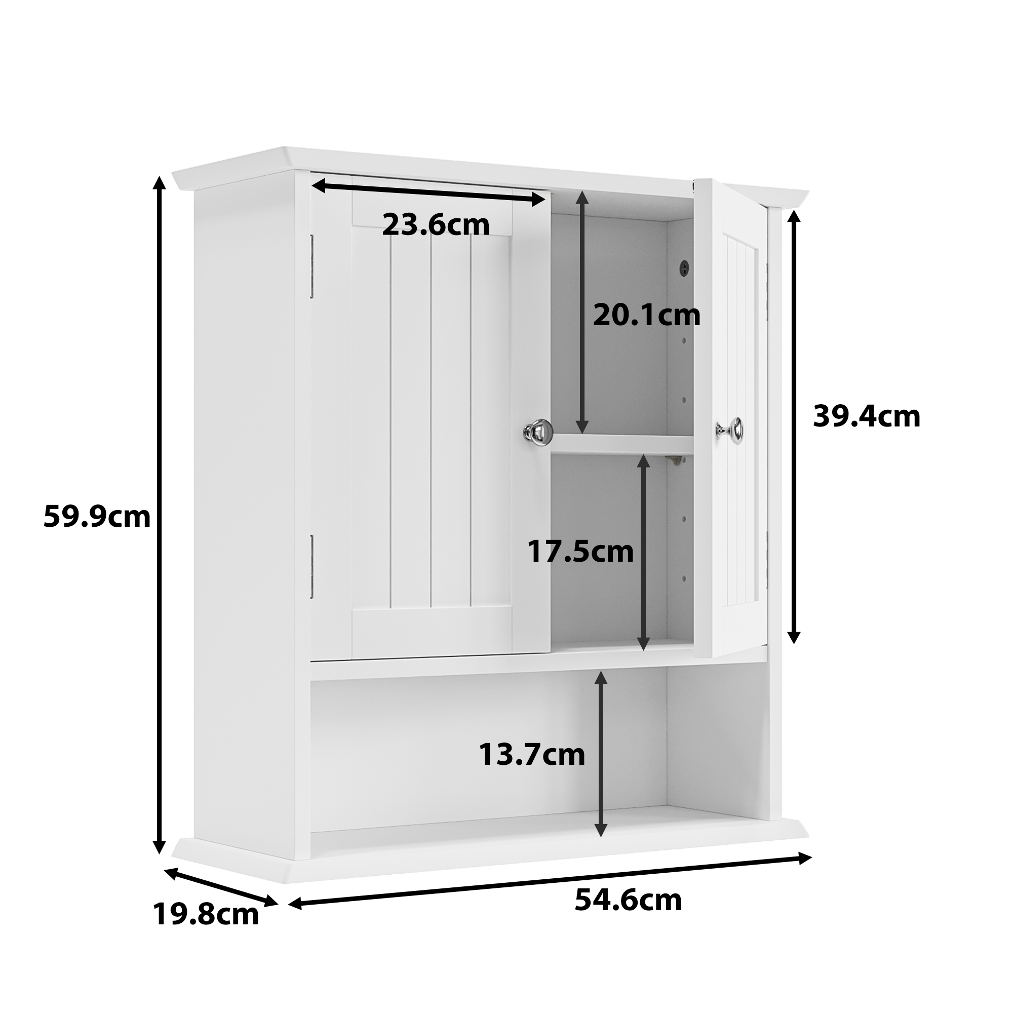 Bathroom Cabinet, Wall Mounted with Double Doors & Adjustable Shelves, White