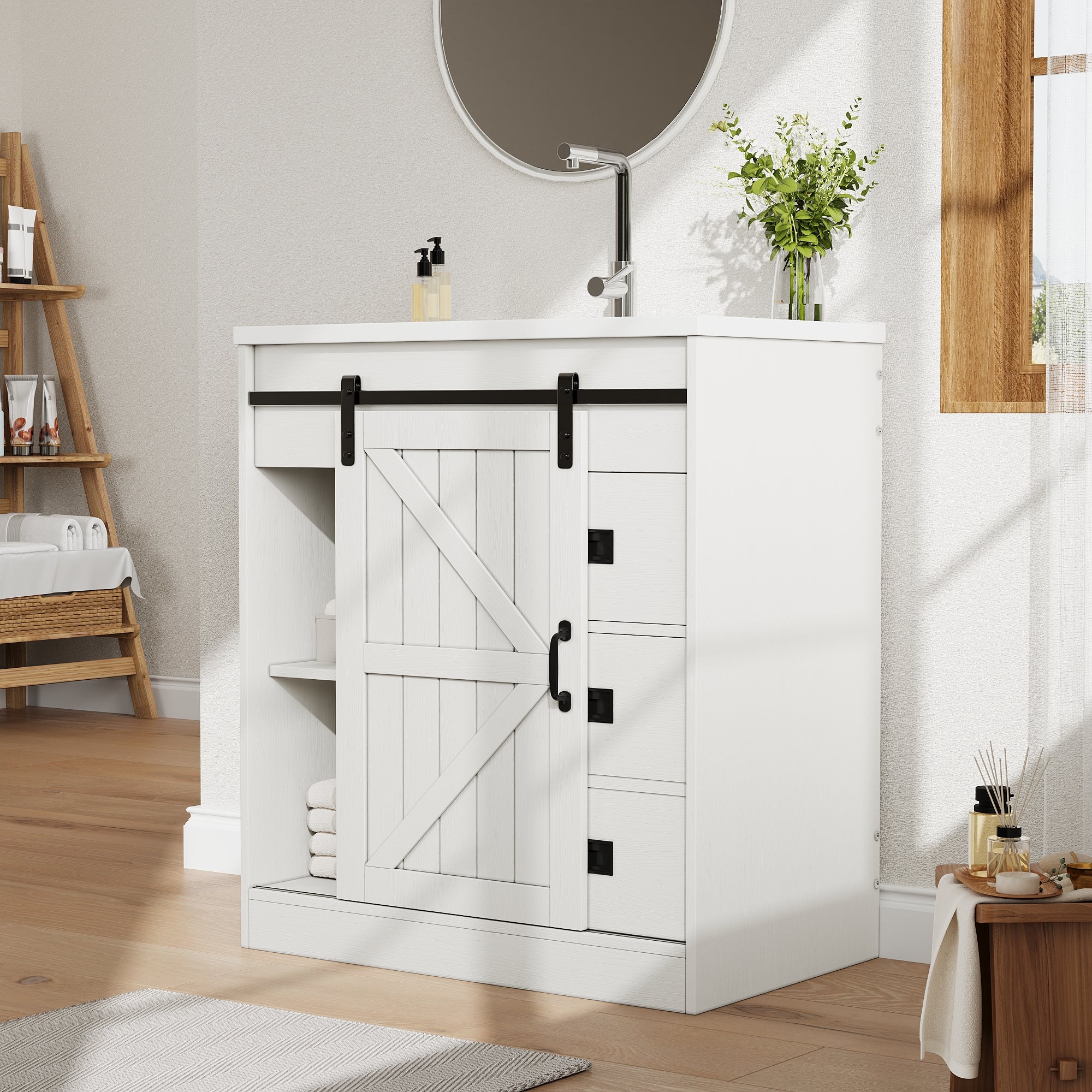 Bathroom Vanity Unit with Ceramic Sink and Barn Door Storage, White