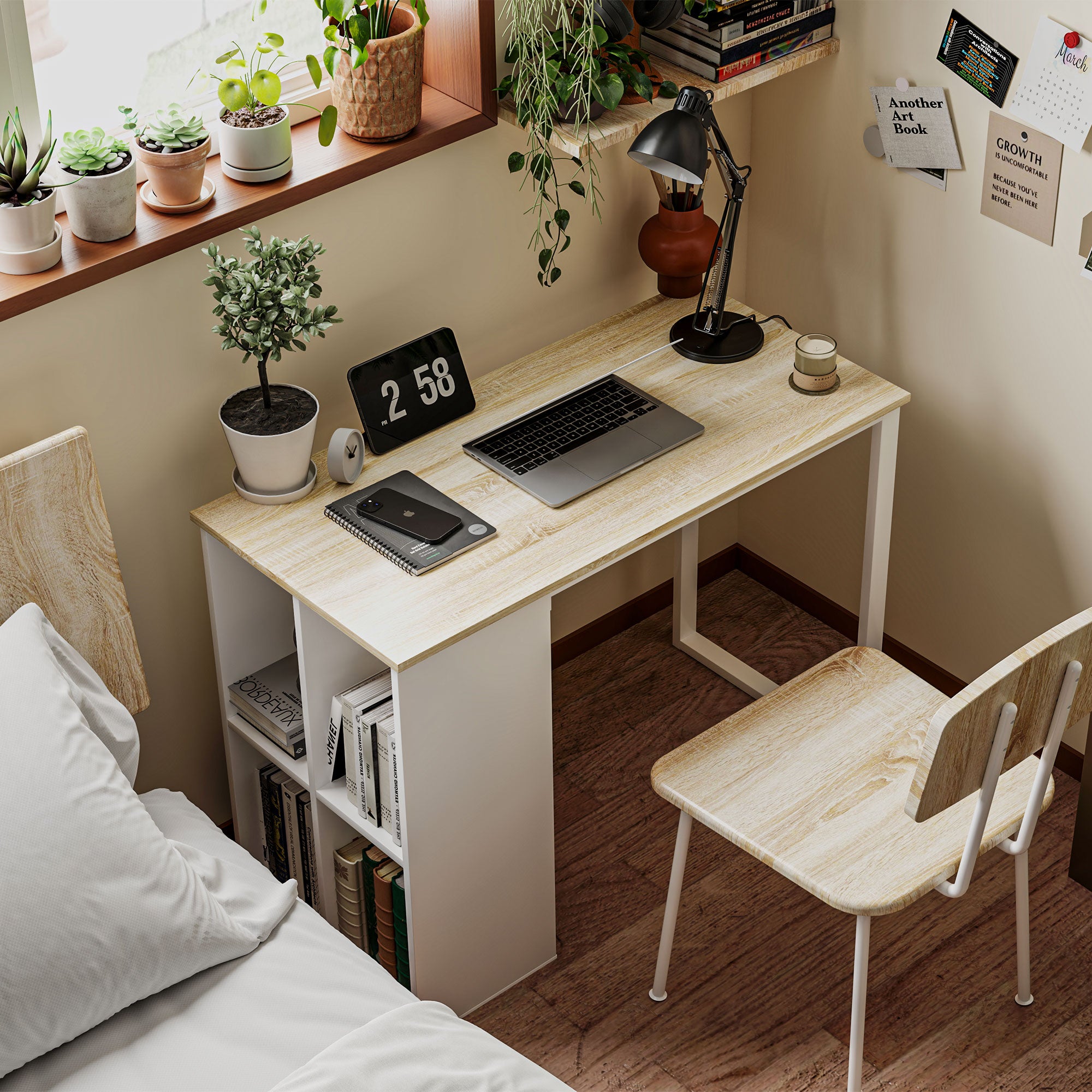 Desk with Storage, Steel Frame, Oak