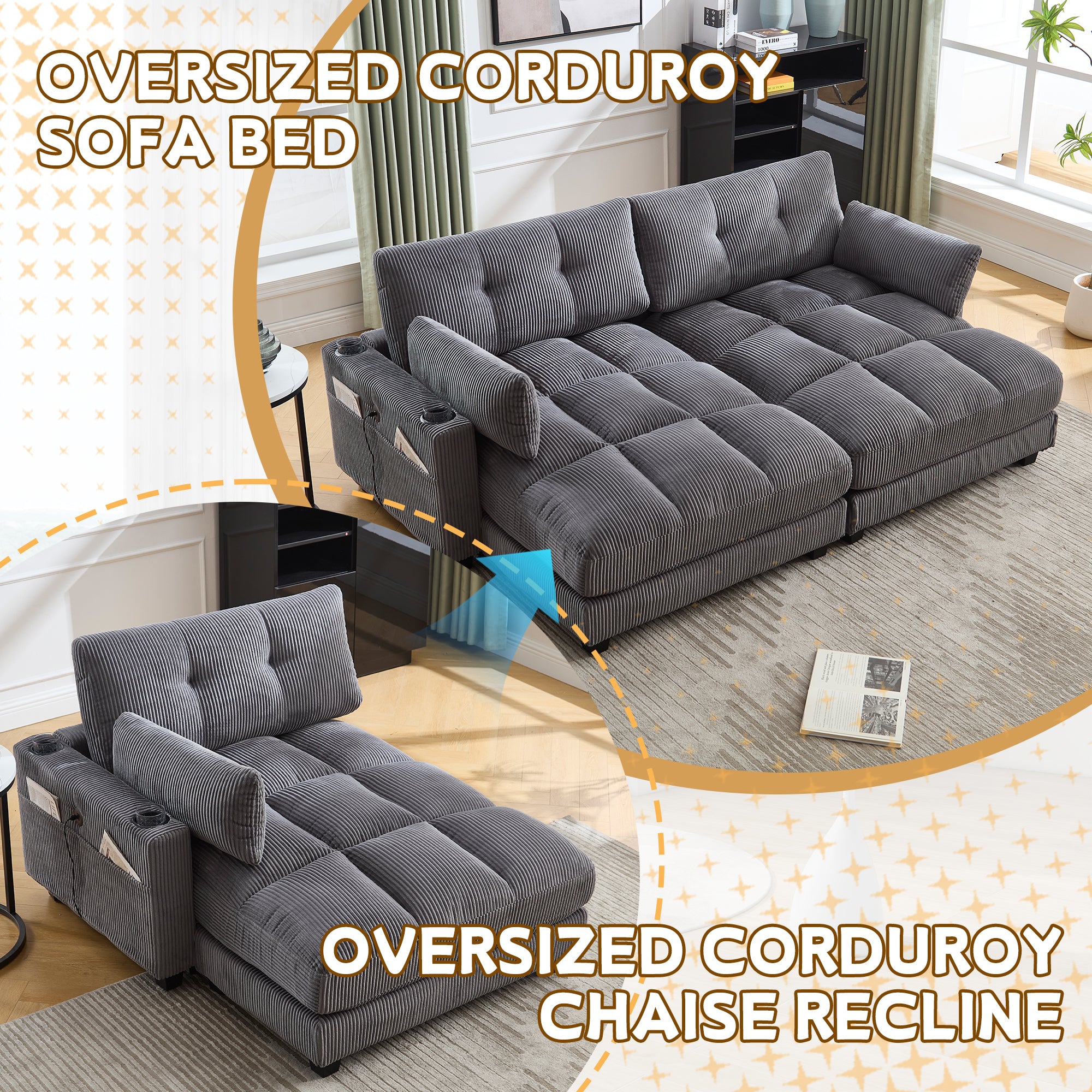 Palm Chair, Fluffy Upholstery, Rolling Cushions, Cup Holders, Side Pocket, Gray