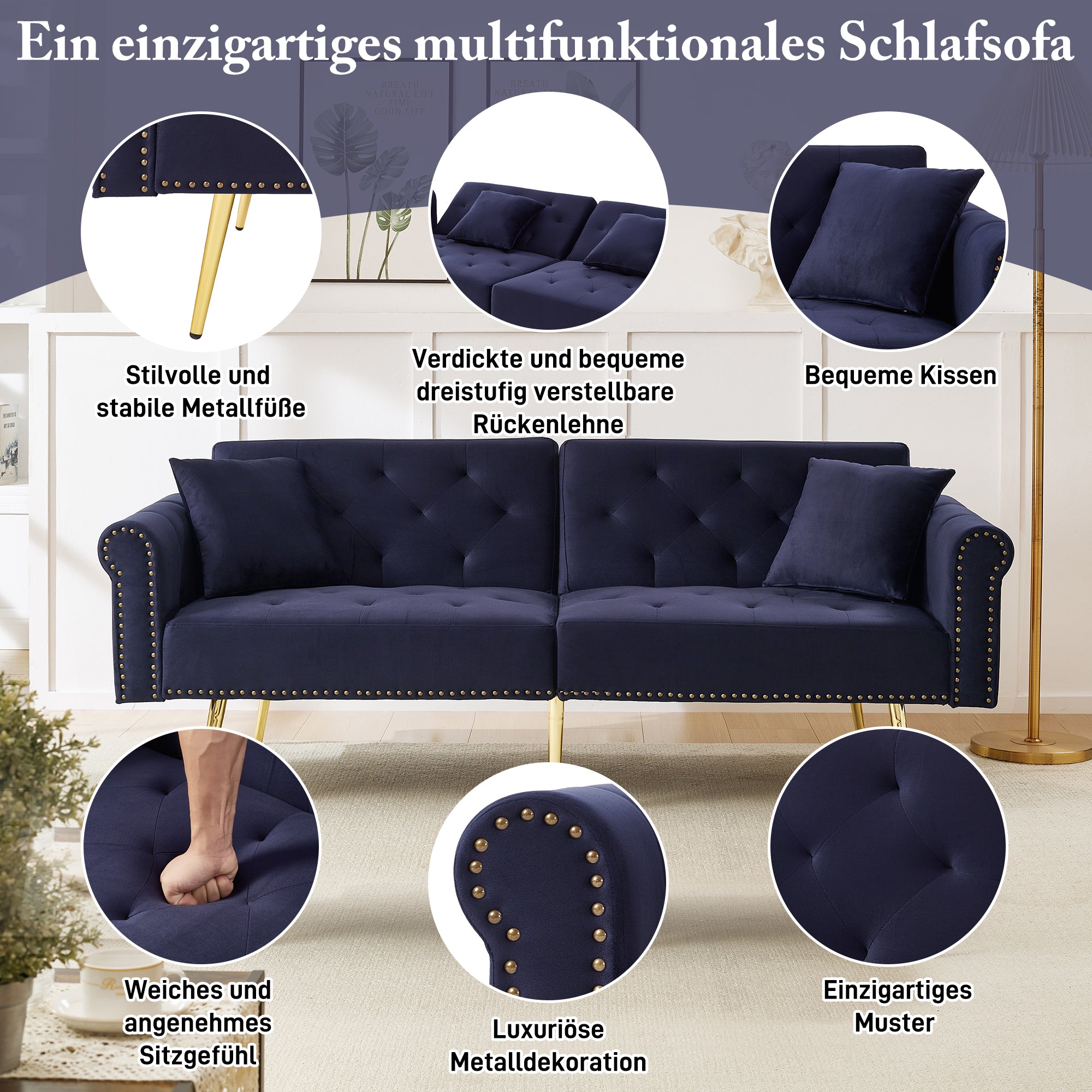 Sofa Bed, Modern 2-Seater, 3-Level Adjustable Backrest, Velvet