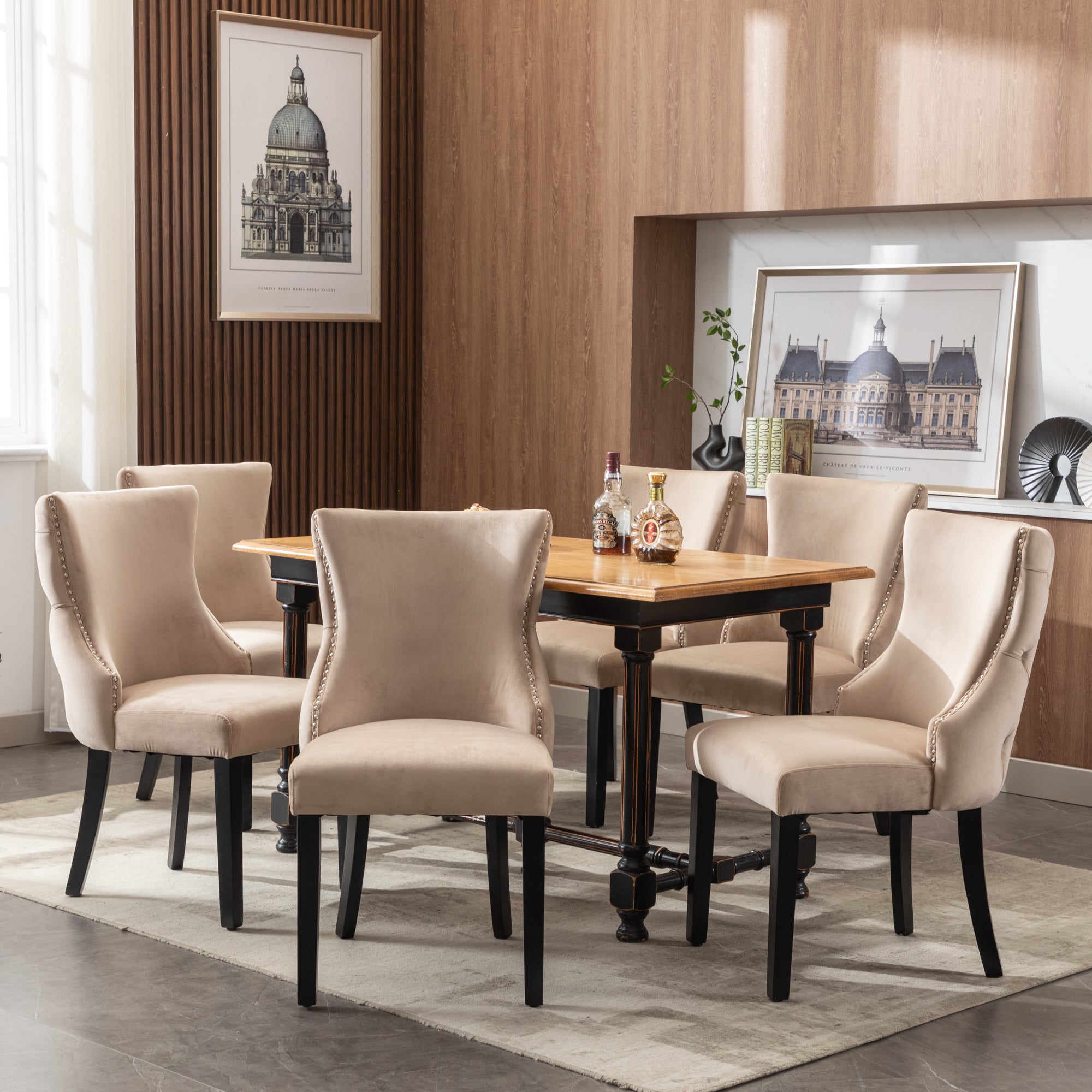 Chair (Set of 6), Dining with Button Stitching, Solid Wood Frame, Beige Velvet