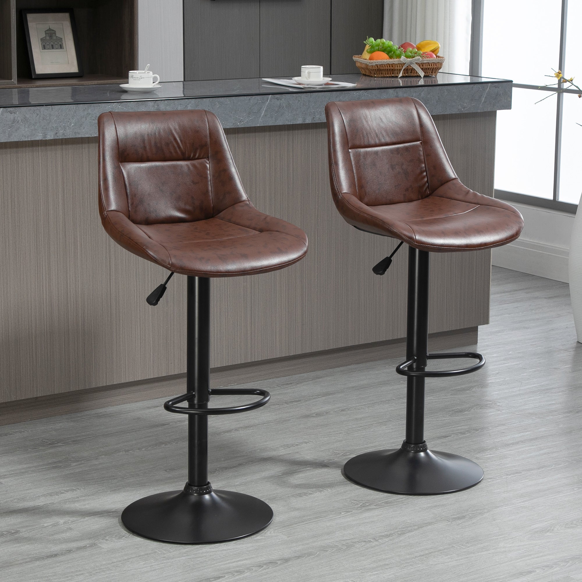 Bar Stool Set of 2, Height-Adjustable Swivel Counter Stool, Faux Leather Brown