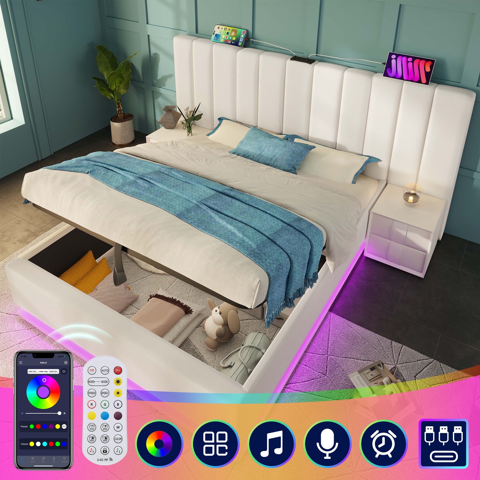 Upholstered Bed 160x200, Double Storage with App Control LED & USB-C, White PU