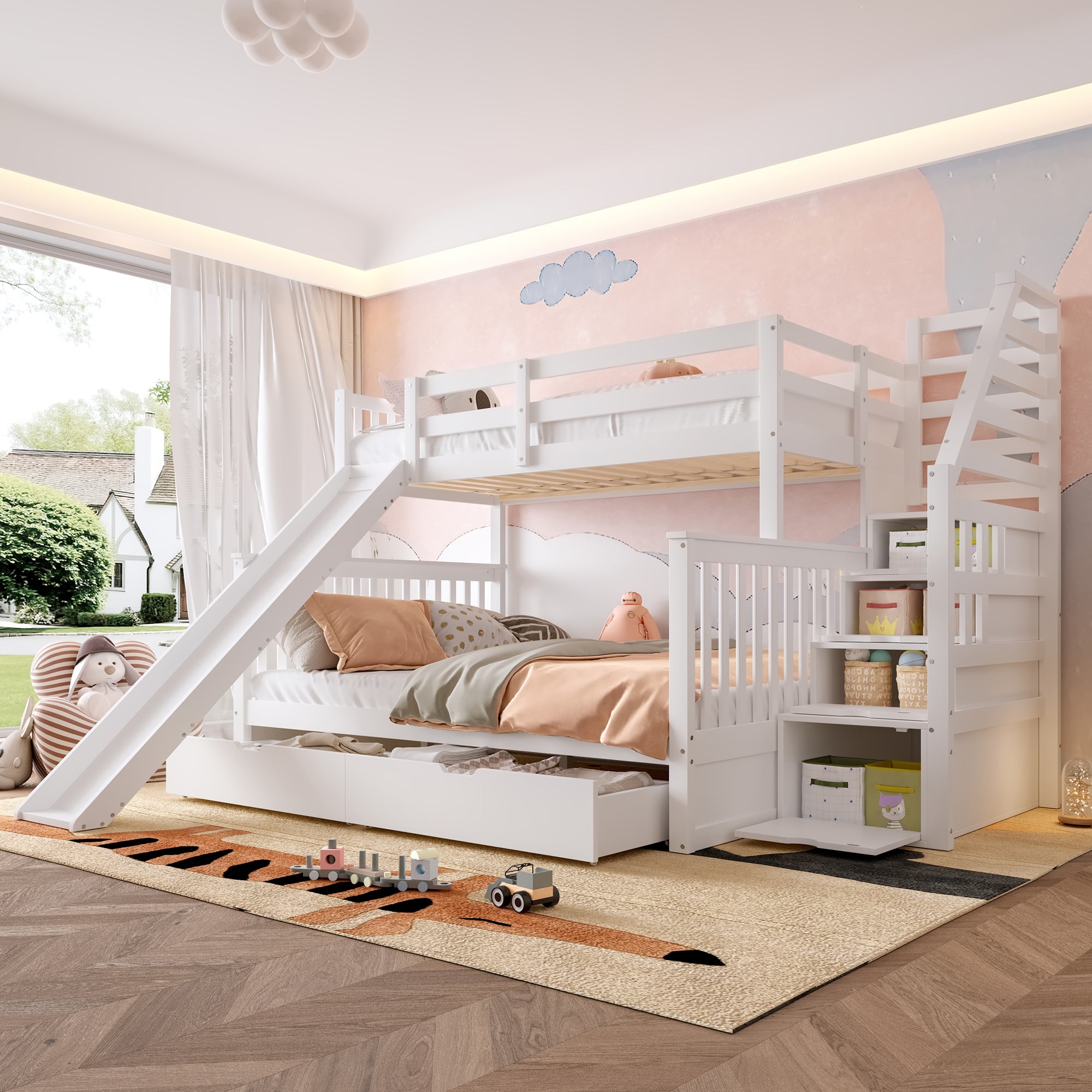 Bunk Bed 90x200 over 140x200 with Drawers Storage and Slide - White