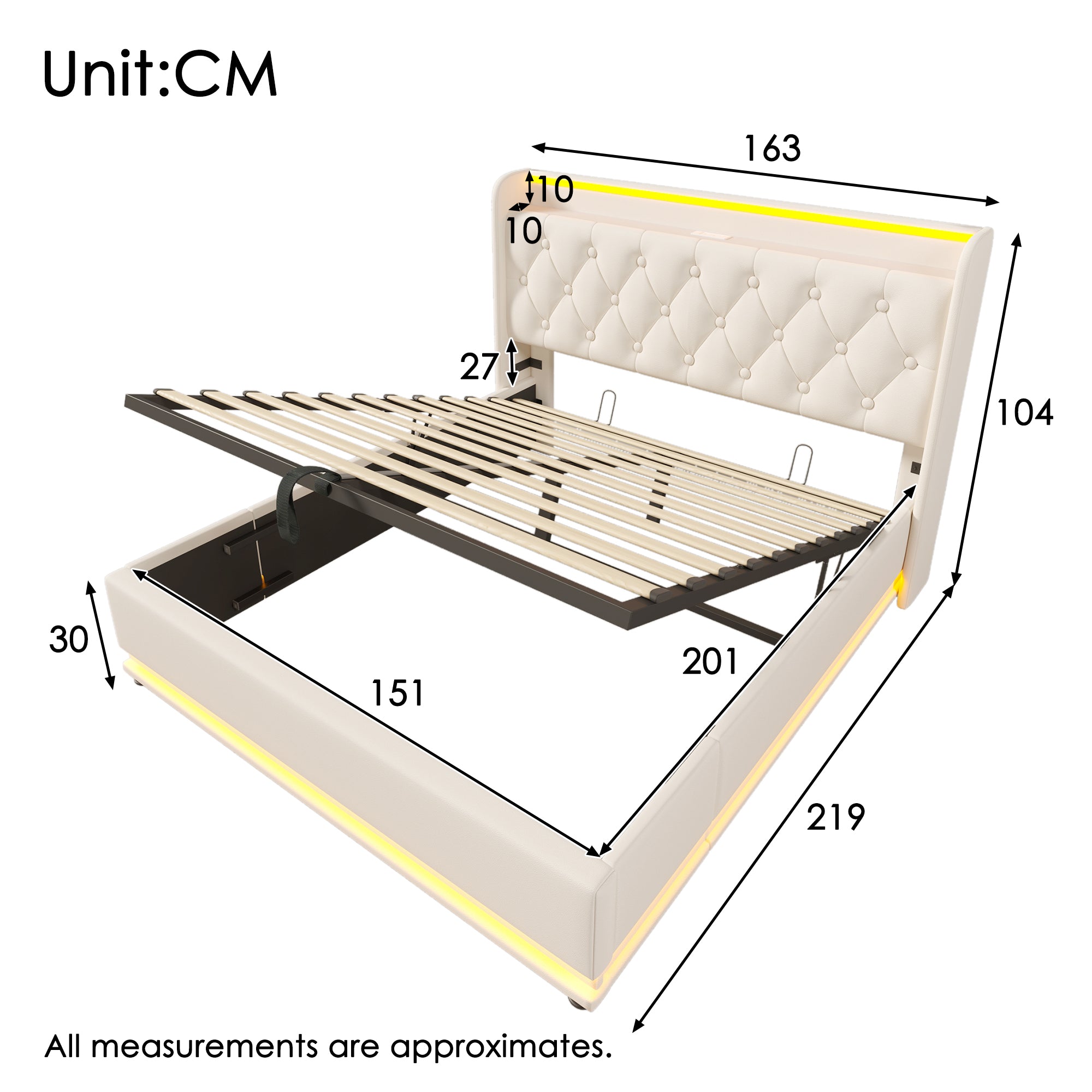 Upholstered King Ottoman Bed, 360 Surround LED, Hydraulic Storage, Charging Function, White PU