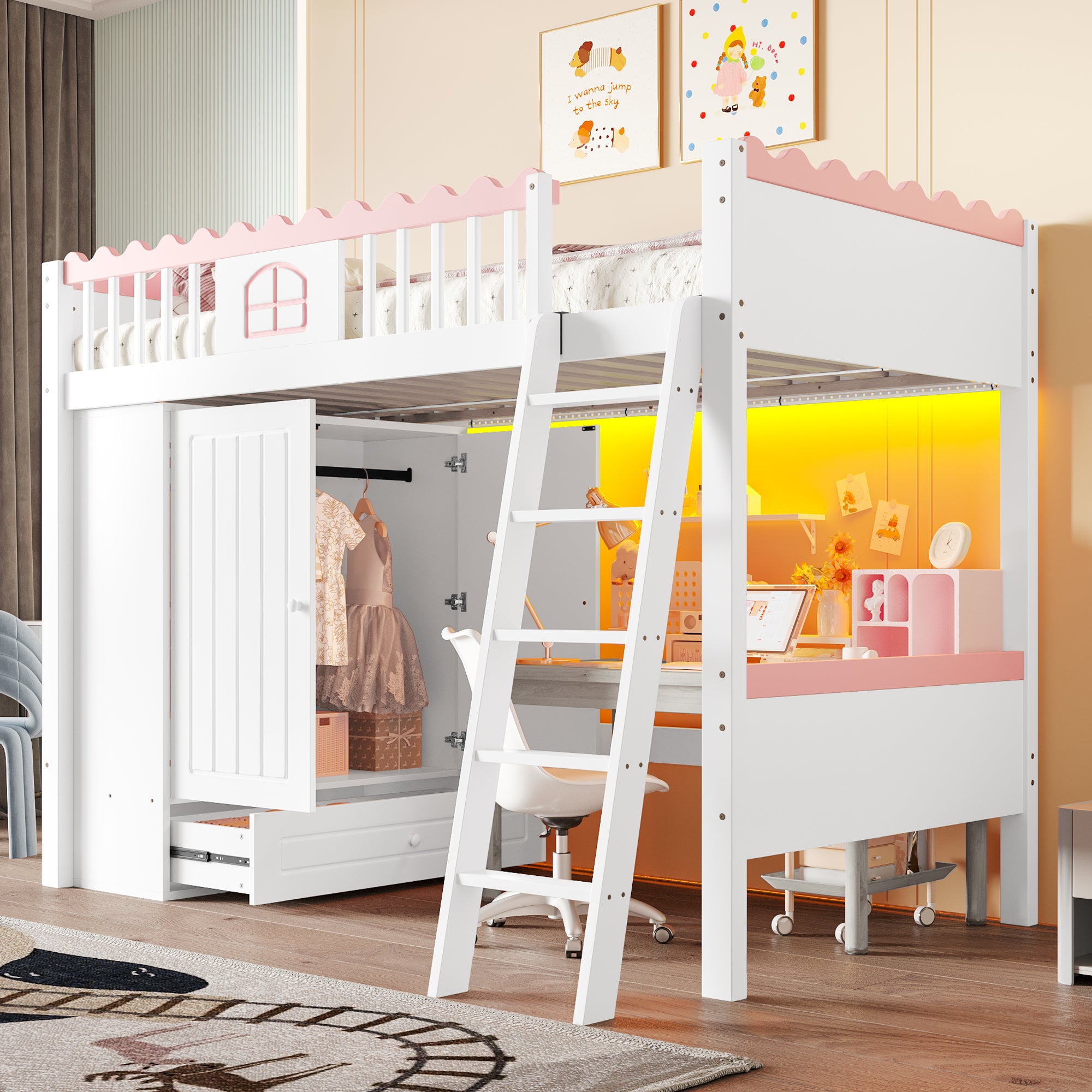 Bunk Bed Single Children's with LED Lights, Wardrobe, Storage Drawer, 90x200cm, Pine Wood White
