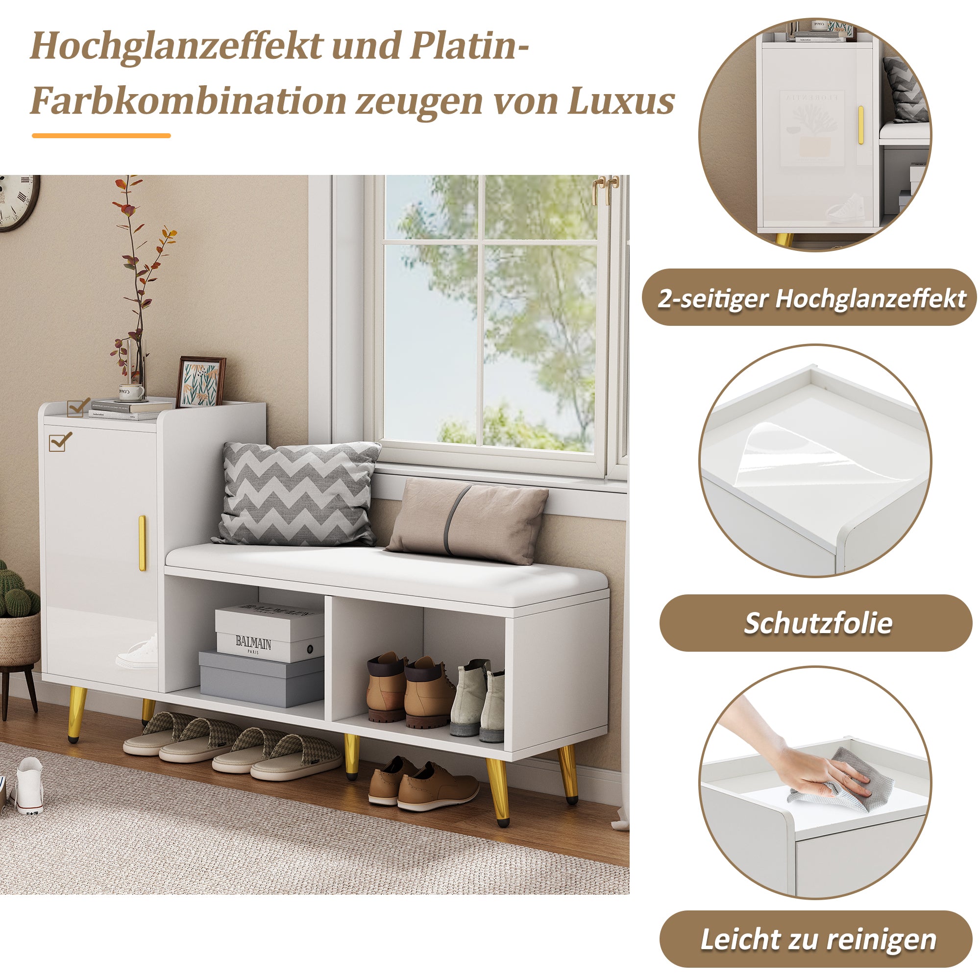 Shoe Cabinet, Multi-Tiered Storage with Upholstered Seat and Gold Accessories, White High Gloss