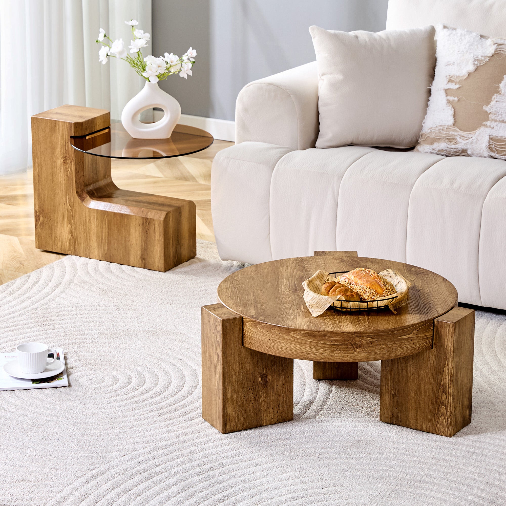 Separable Coffee Table Set MDF Wood Look Safety Glass - Brown Tinted