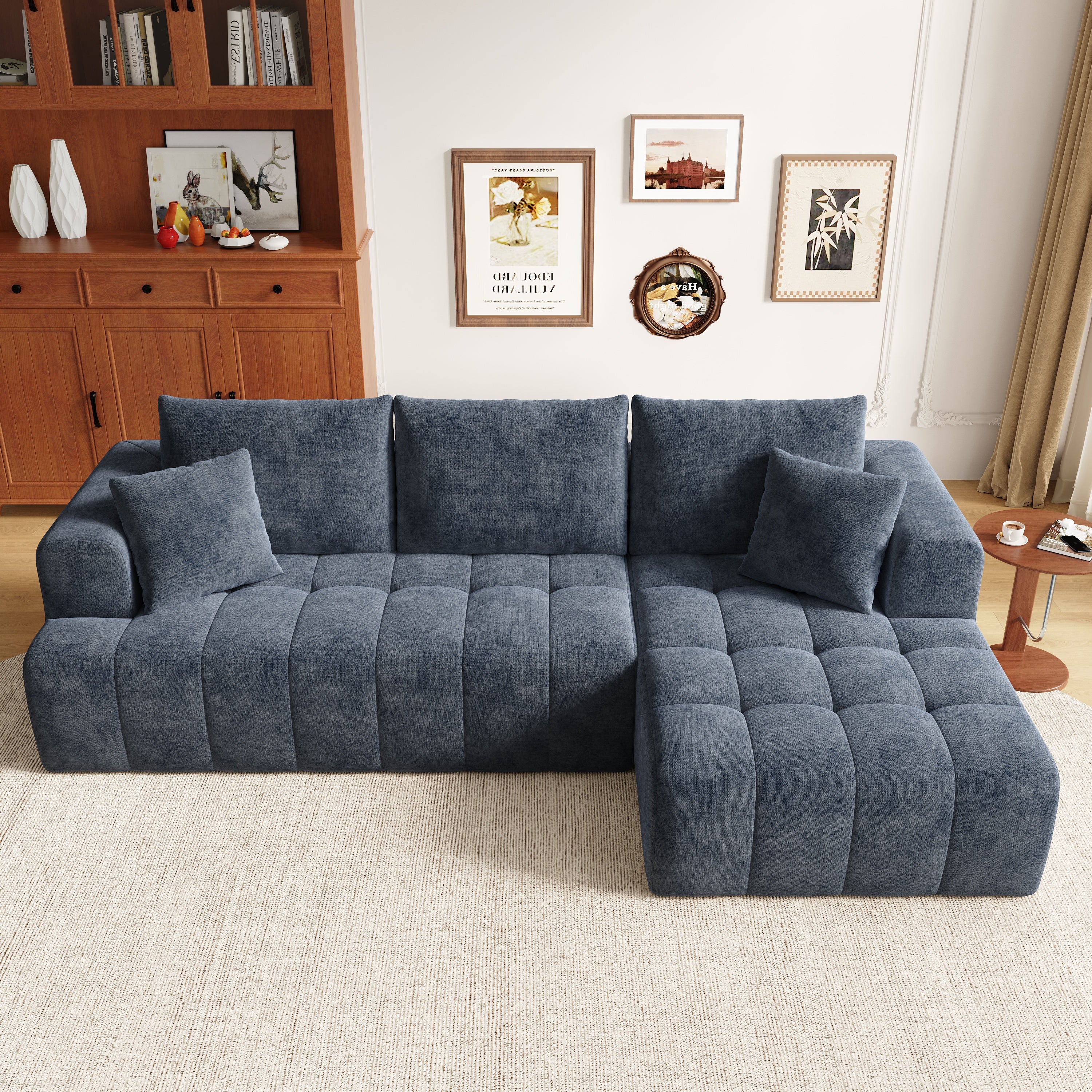 Modular L-shaped Corner Cloud Sofa, Frameless and Freely Combinable, Blue Chenille
