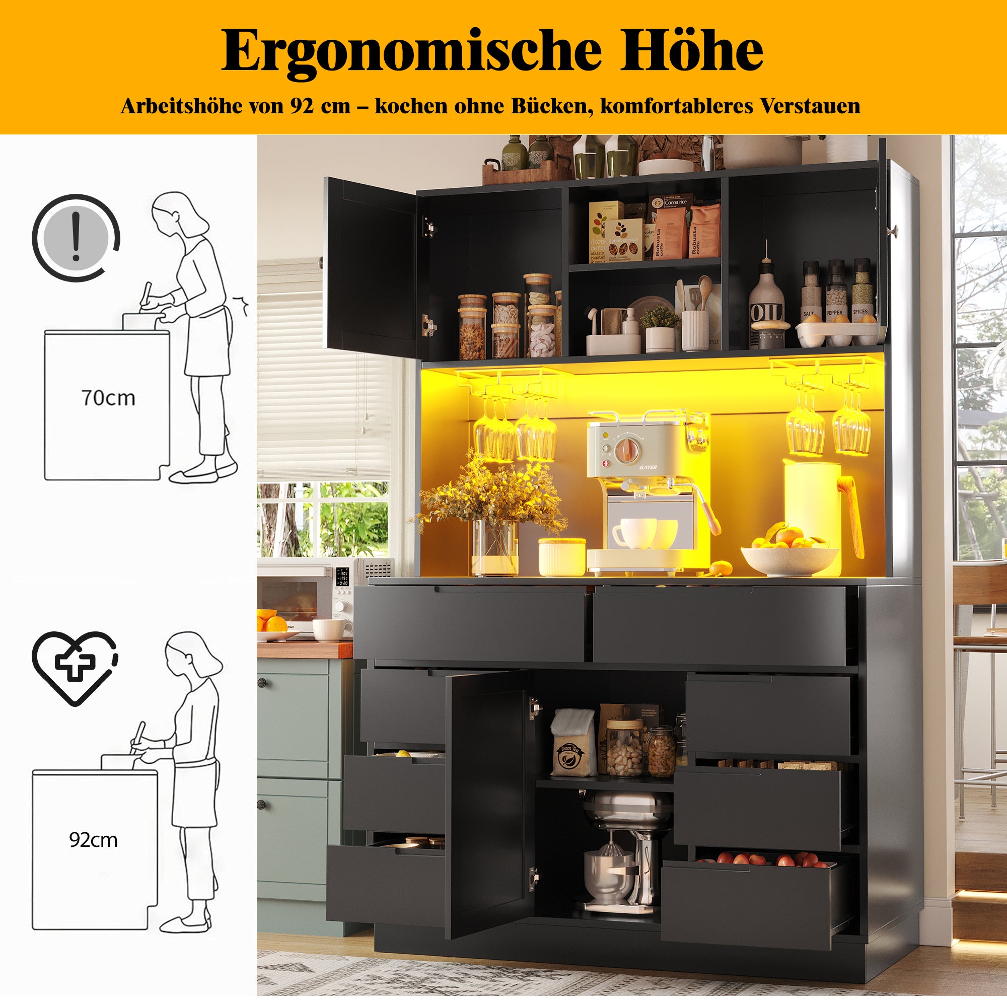 Tall Cabinet 120x40x183.5cm Smart LED Lighting 8 Drawers Adjustable Shelves Black