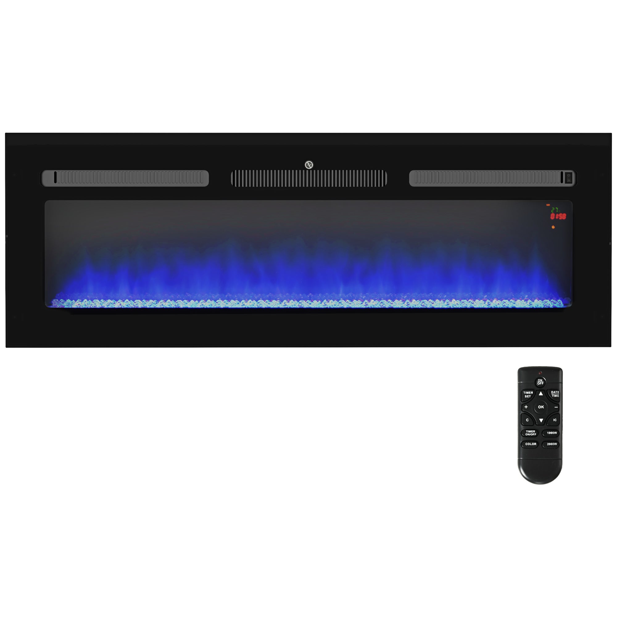 127cm Electric Fireplace, 2000W Recessed Wall Mounted with Remote, 9 Flame Colors and Crystal, Black