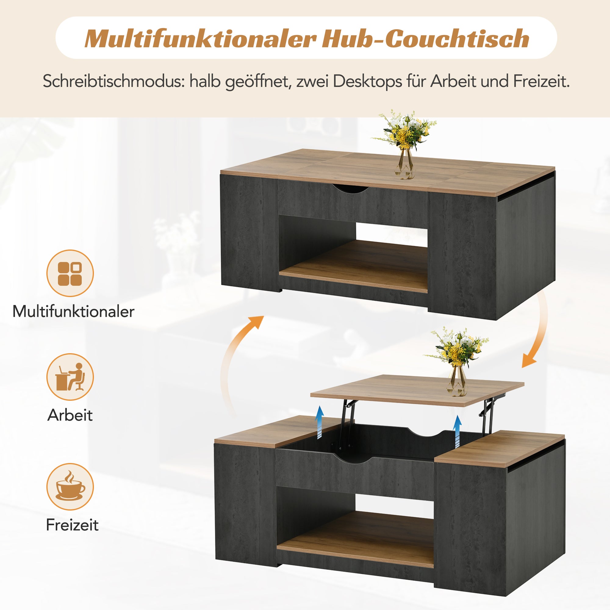 Coffee Table with Lift Function & Storage 109.5cm - Grey Frame