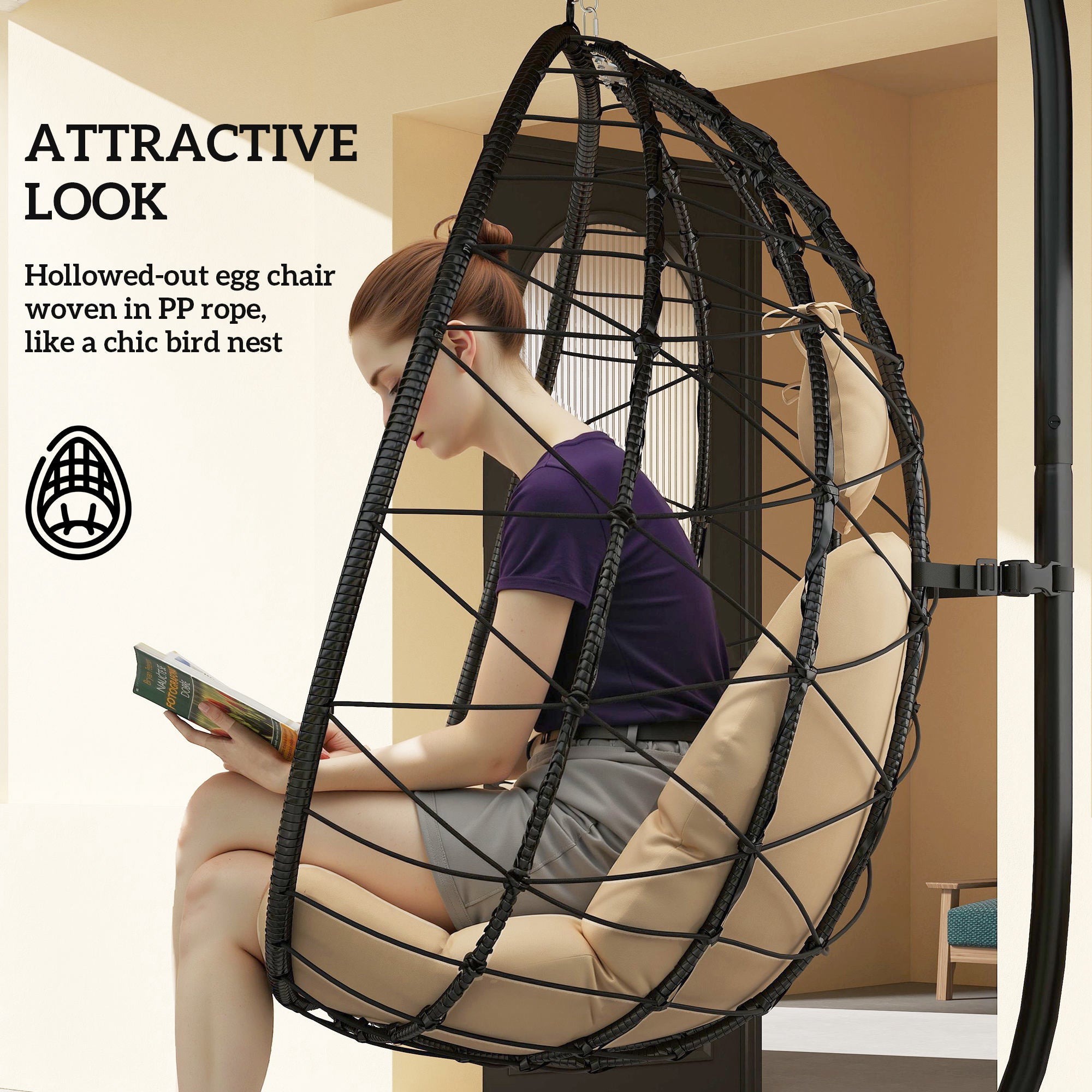 Hanging Egg Chair, Indoor Outdoor Swing Chair with Folding Basket & Stand, Khaki