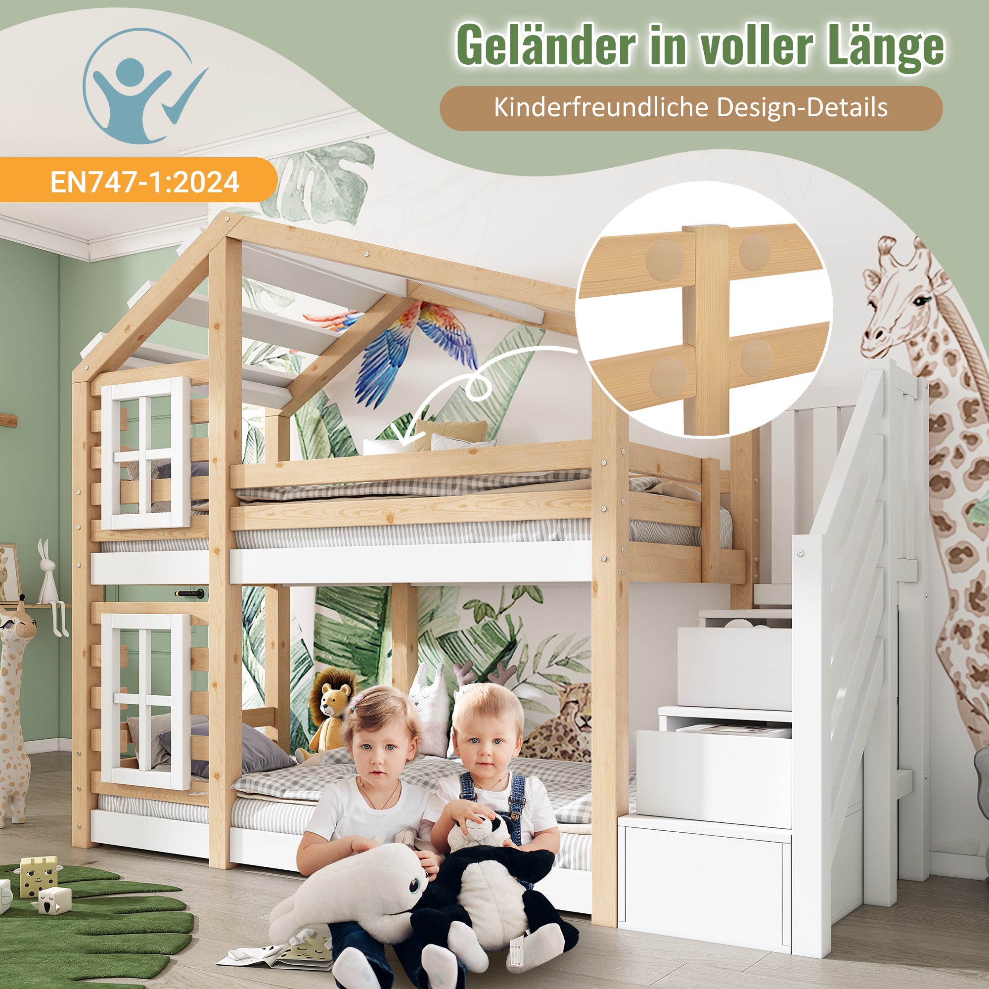 Children's Treehouse Bunk Bed 90x200cm Window Design Storage - Natural & White