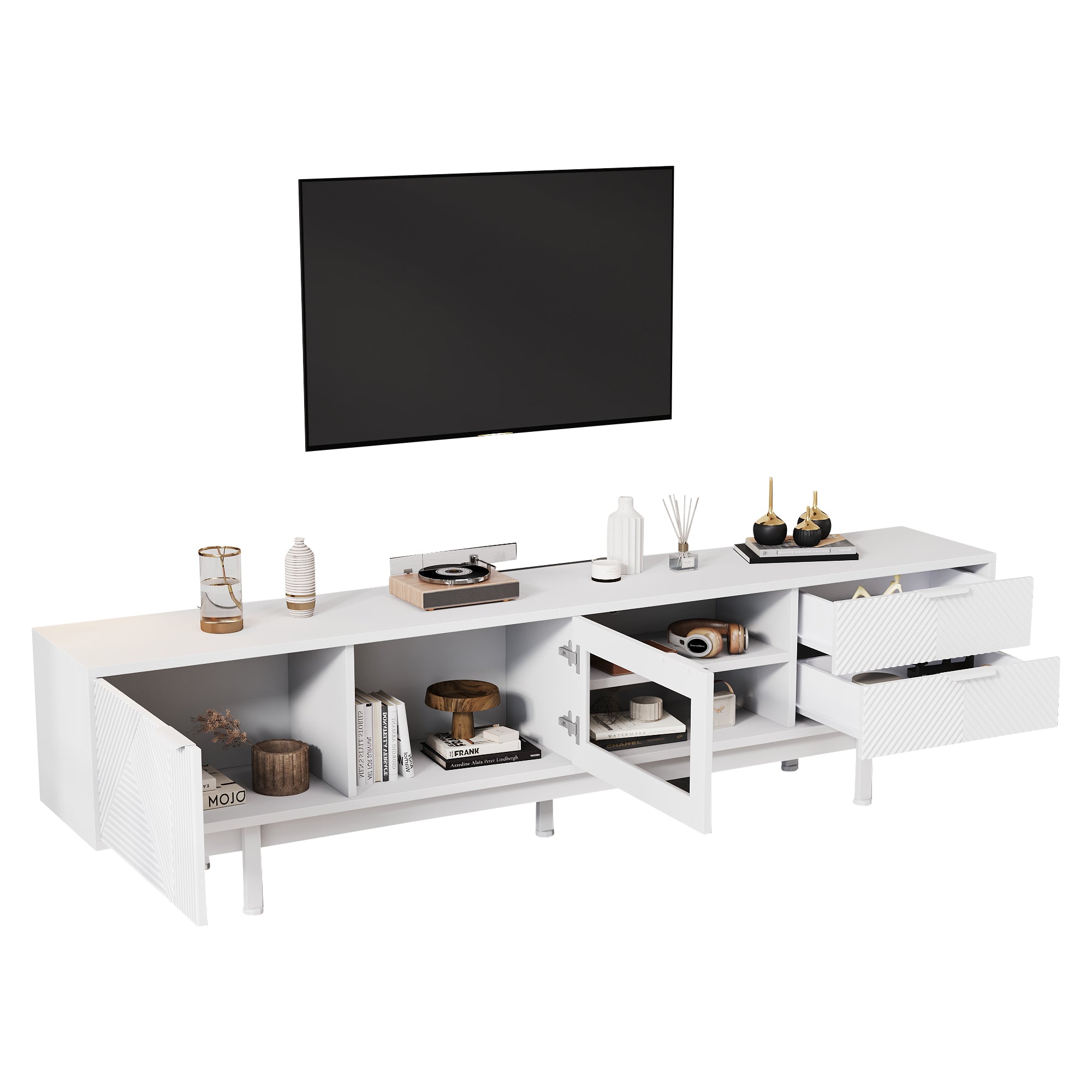 TV Cabinet, Modern Simple 80-inch with 2 Doors & 2 Drawers, White