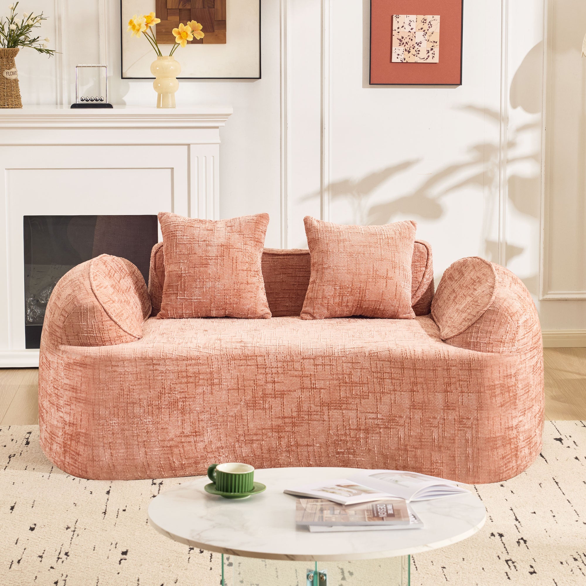 Sofa, curved two-seater with armrests and 2 cushions, cream linen