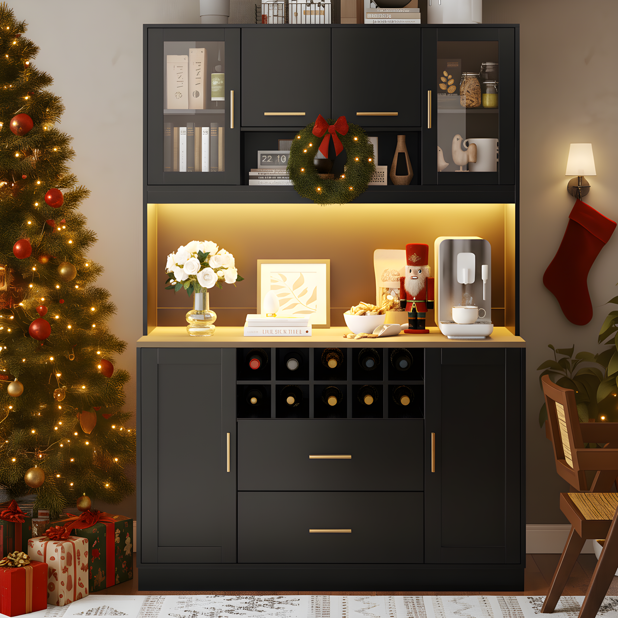 Sideboard with LED Lighting and Power Socket, 6 Doors and 2 Drawers, Black and Gold