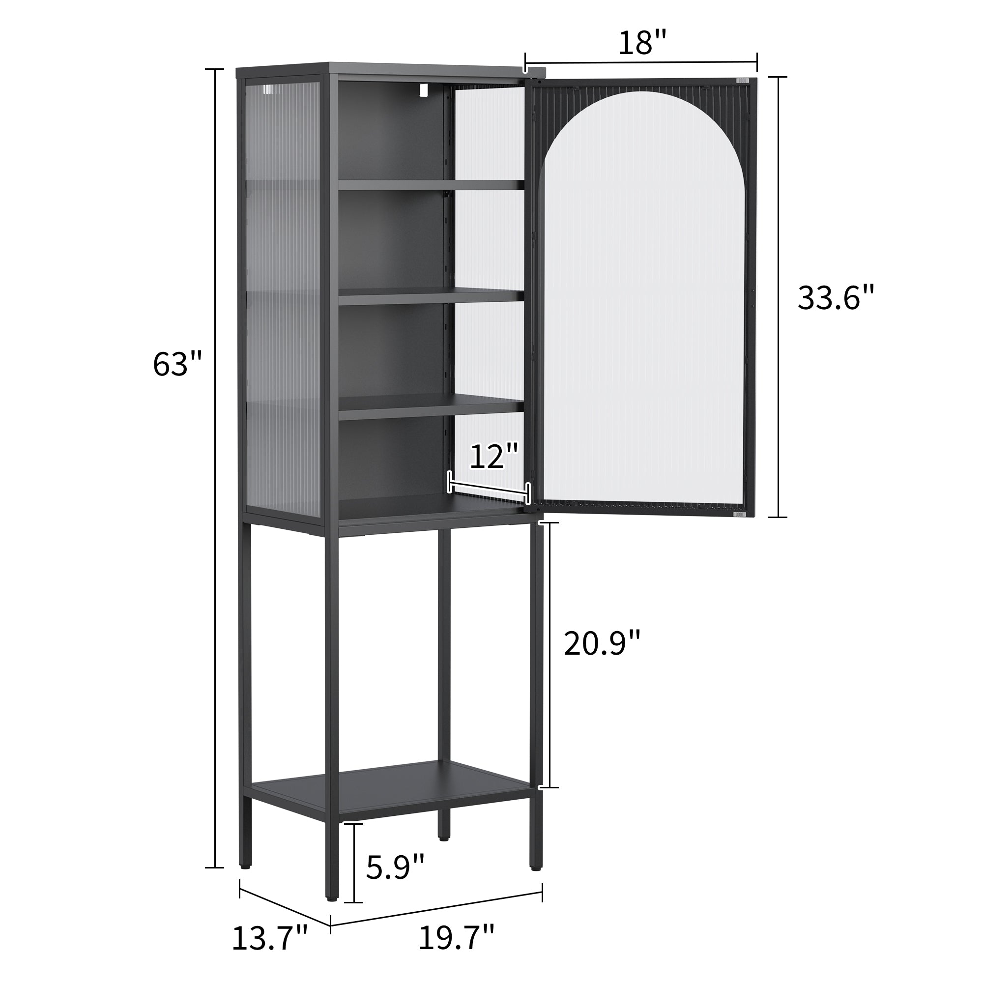 Metal and Glass Door Display Case, 5-Tier Bookshelf with 3 Adjustable Shelves, Iron, 160x50x35cm