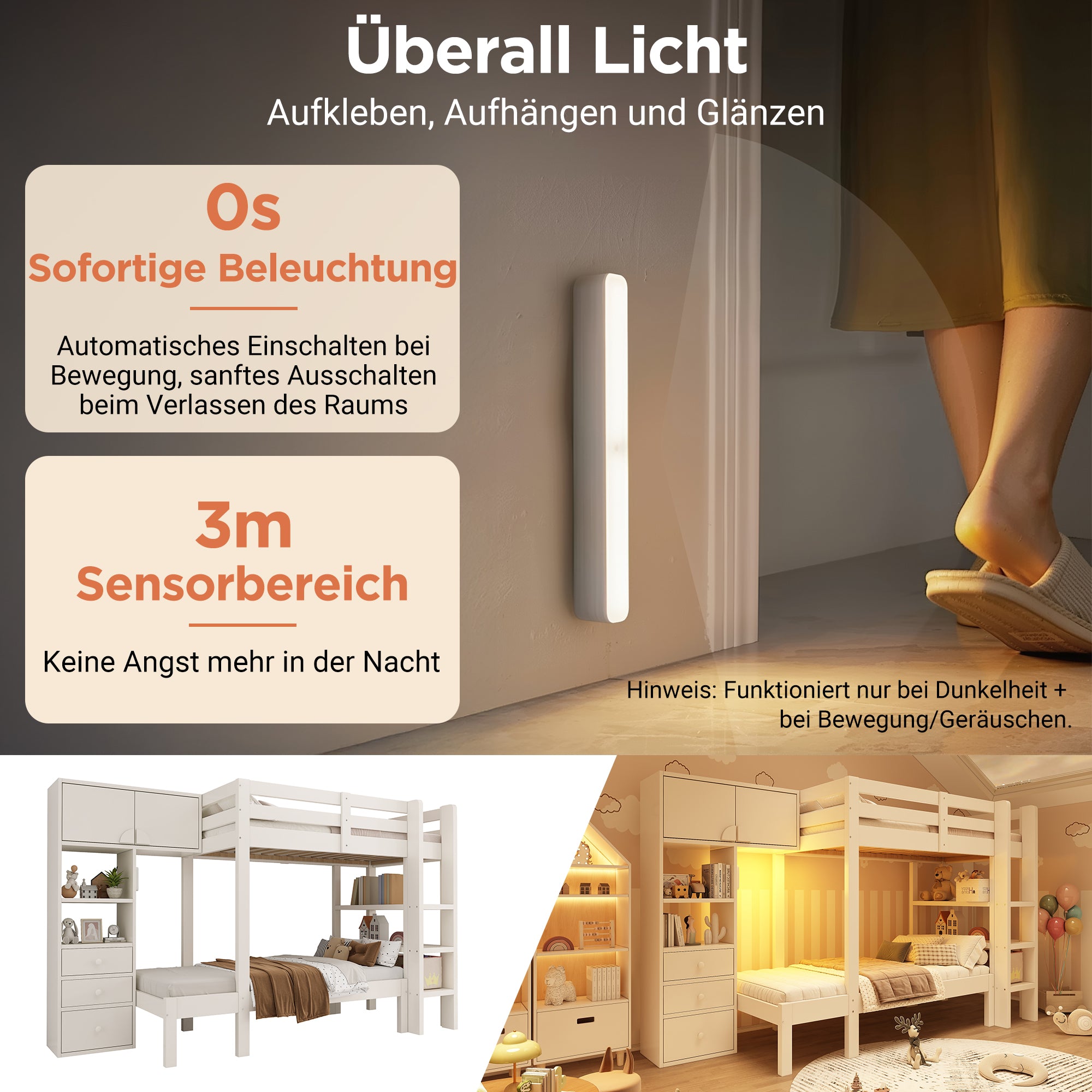 Bunk Bed 90x200cm Staggered Design Smart Night Light Wardrobe Storage, White