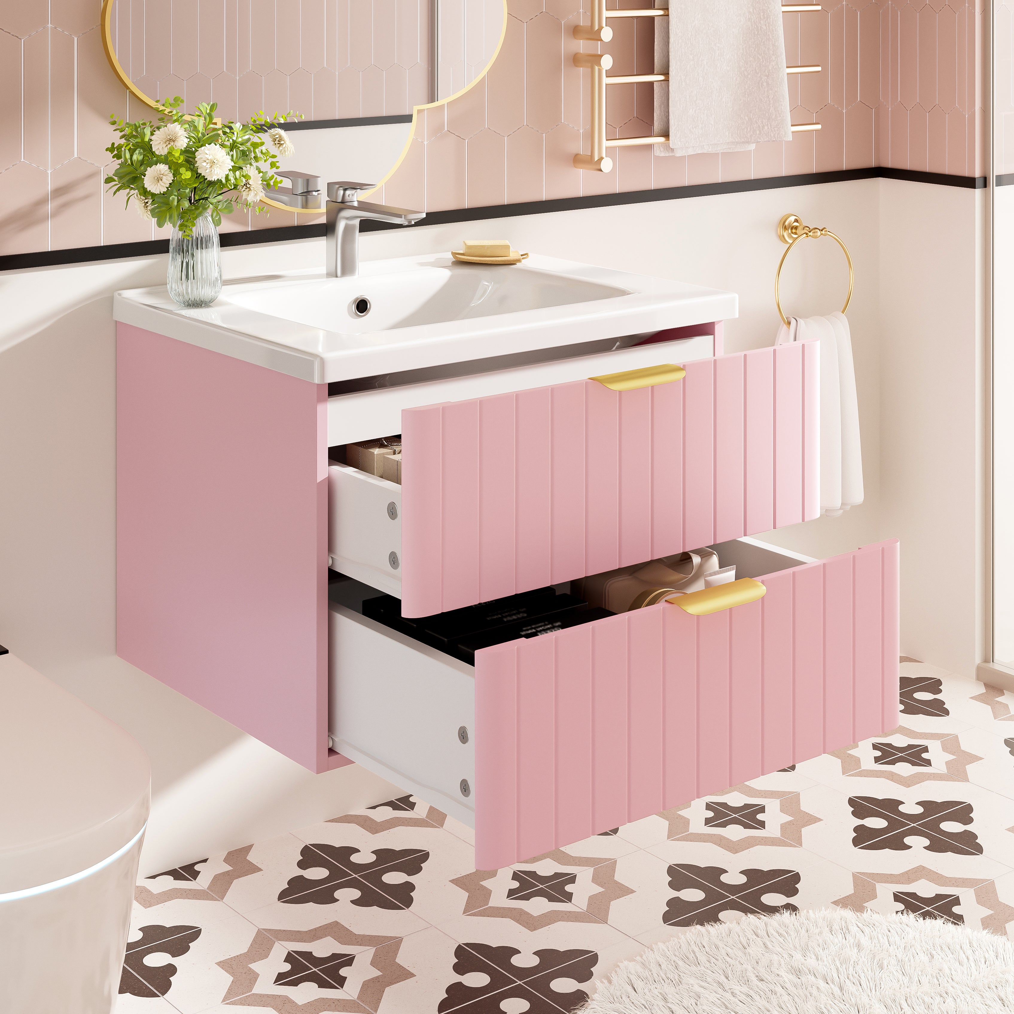 Wall-Hung Vanity Unit with Ceramic Sink and Double Storage, Pink