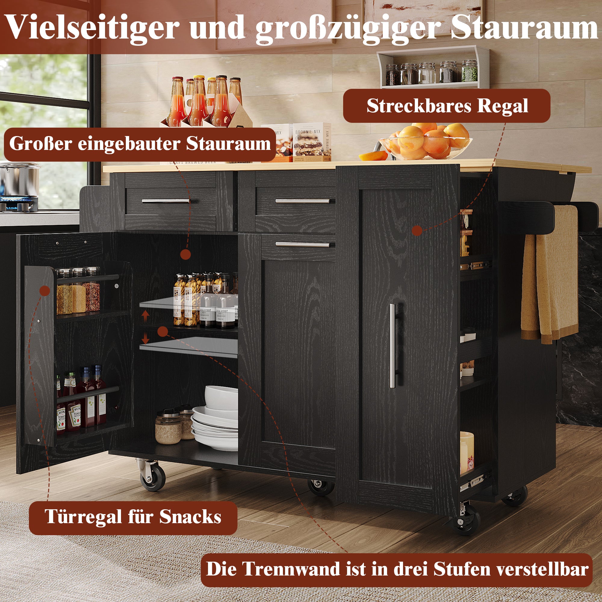 Kitchen Island, Buffet Cabinet Dining Cart with Storage, Black