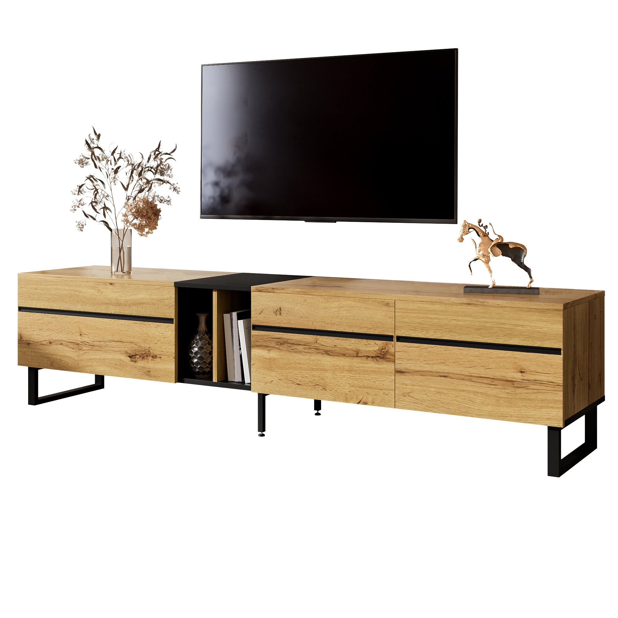 TV Lowboard 180cm, Drop-down Compartment, Open Shelves, Double Doors, Wood Color