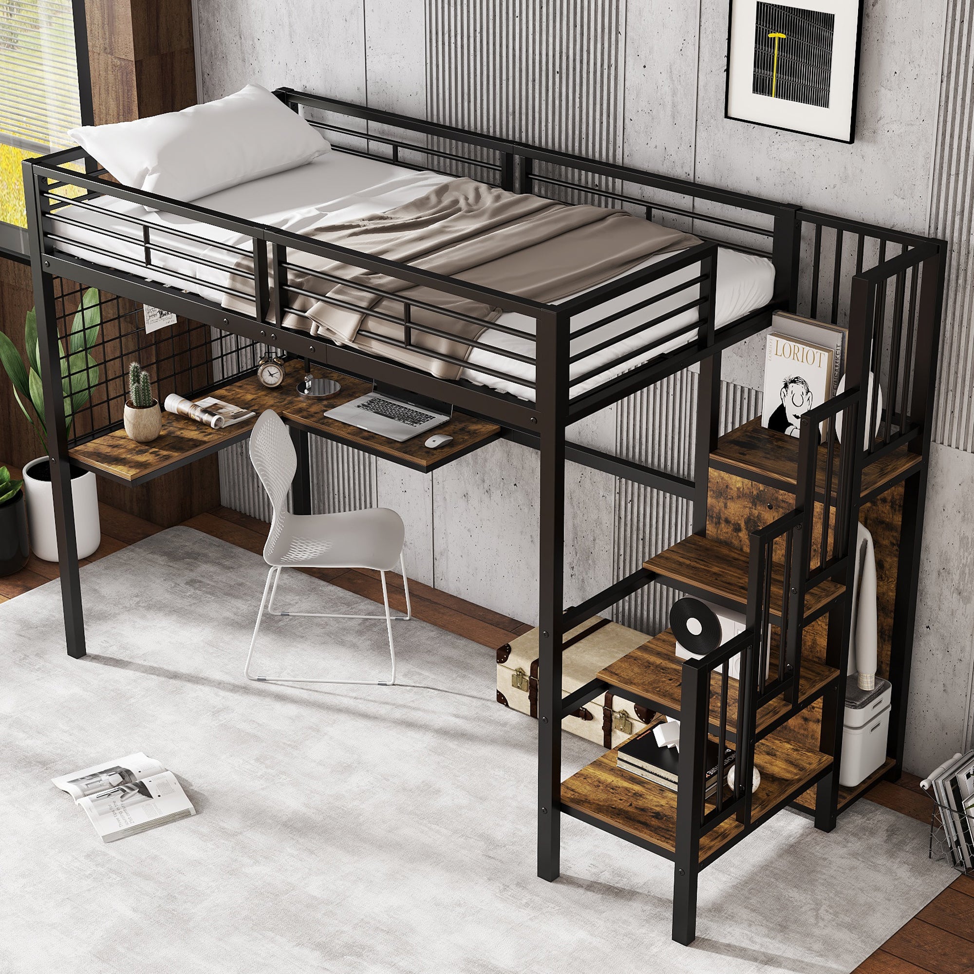 Iron Bunk Bed, Loft Bed with Table & Wardrobe, 90x200cm, Black Iron & Dark Wood
