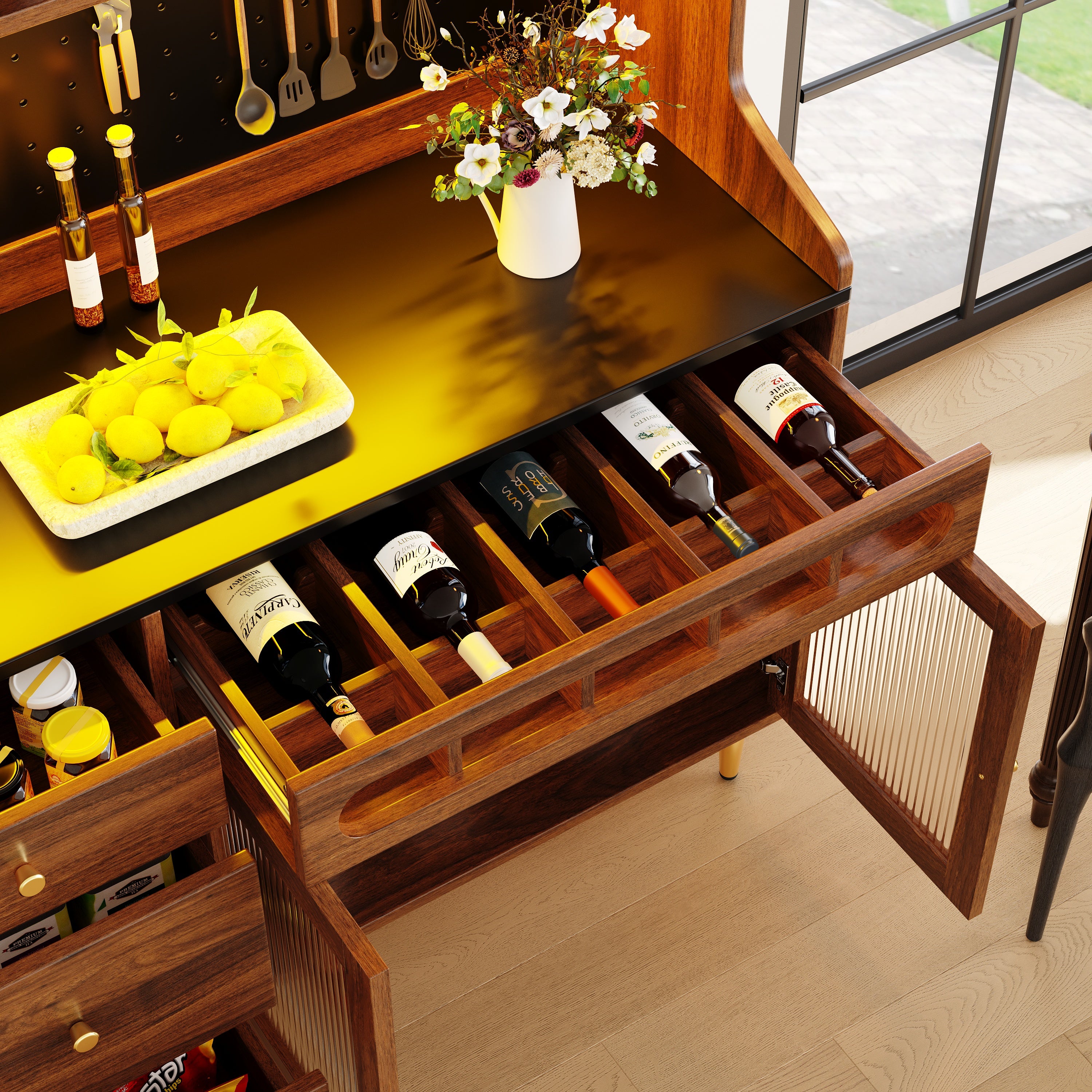 Tall Cabinet LED Lighting Wine Rack Adjustable Shelves 145x39x171cm Walnut Color